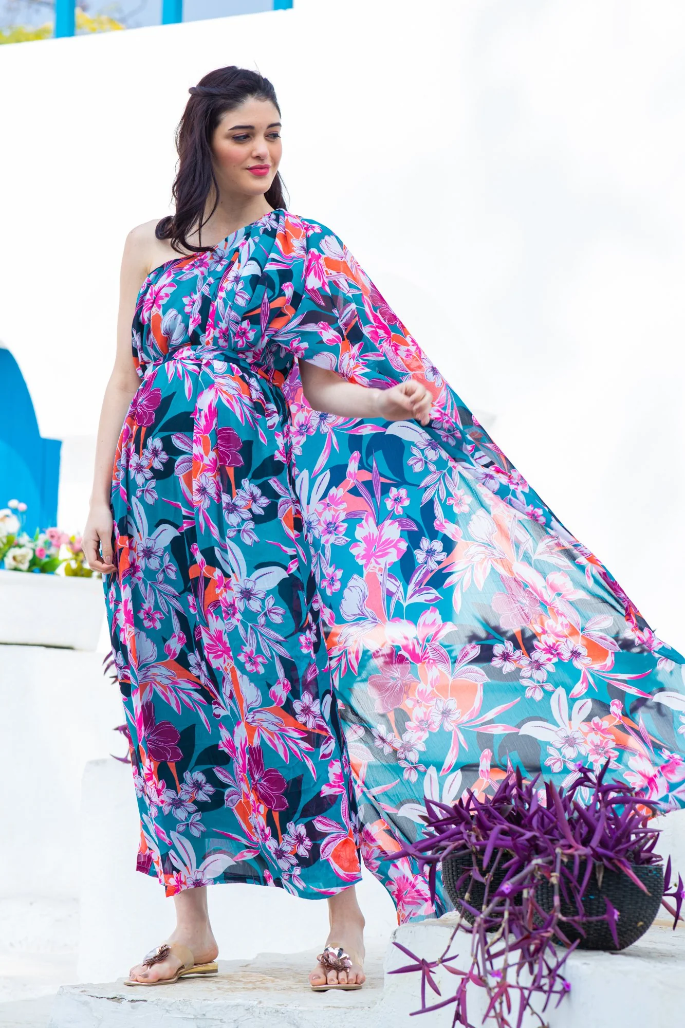Luxe Chiffon One Shoulder Floral Maternity Gown - Chenance