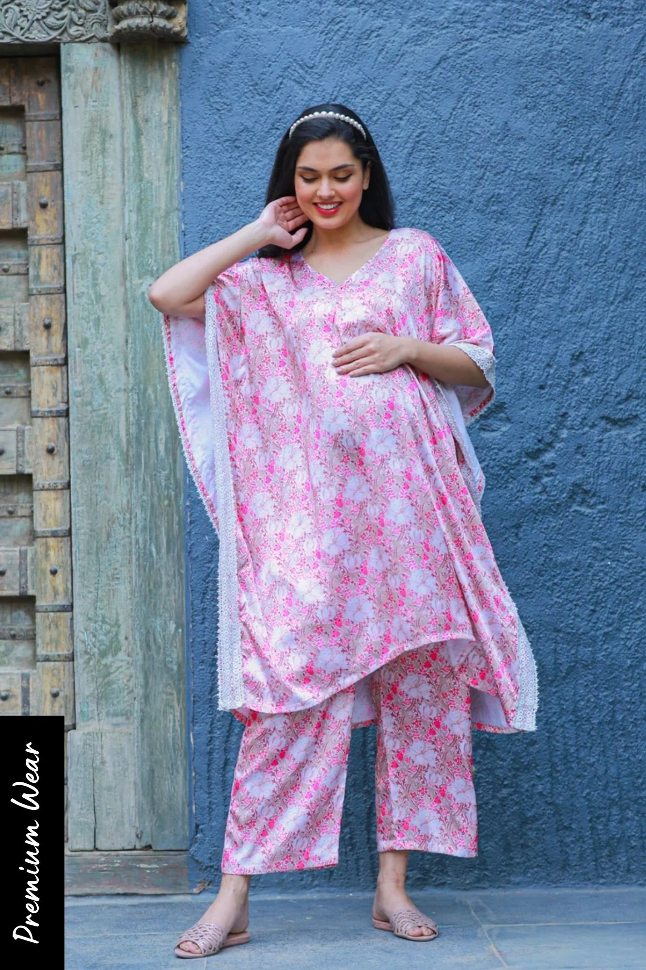 Premium Serene Rose Pink Satin Maternity & Nursing Lounge Coord Set (2 pc) - Chenance