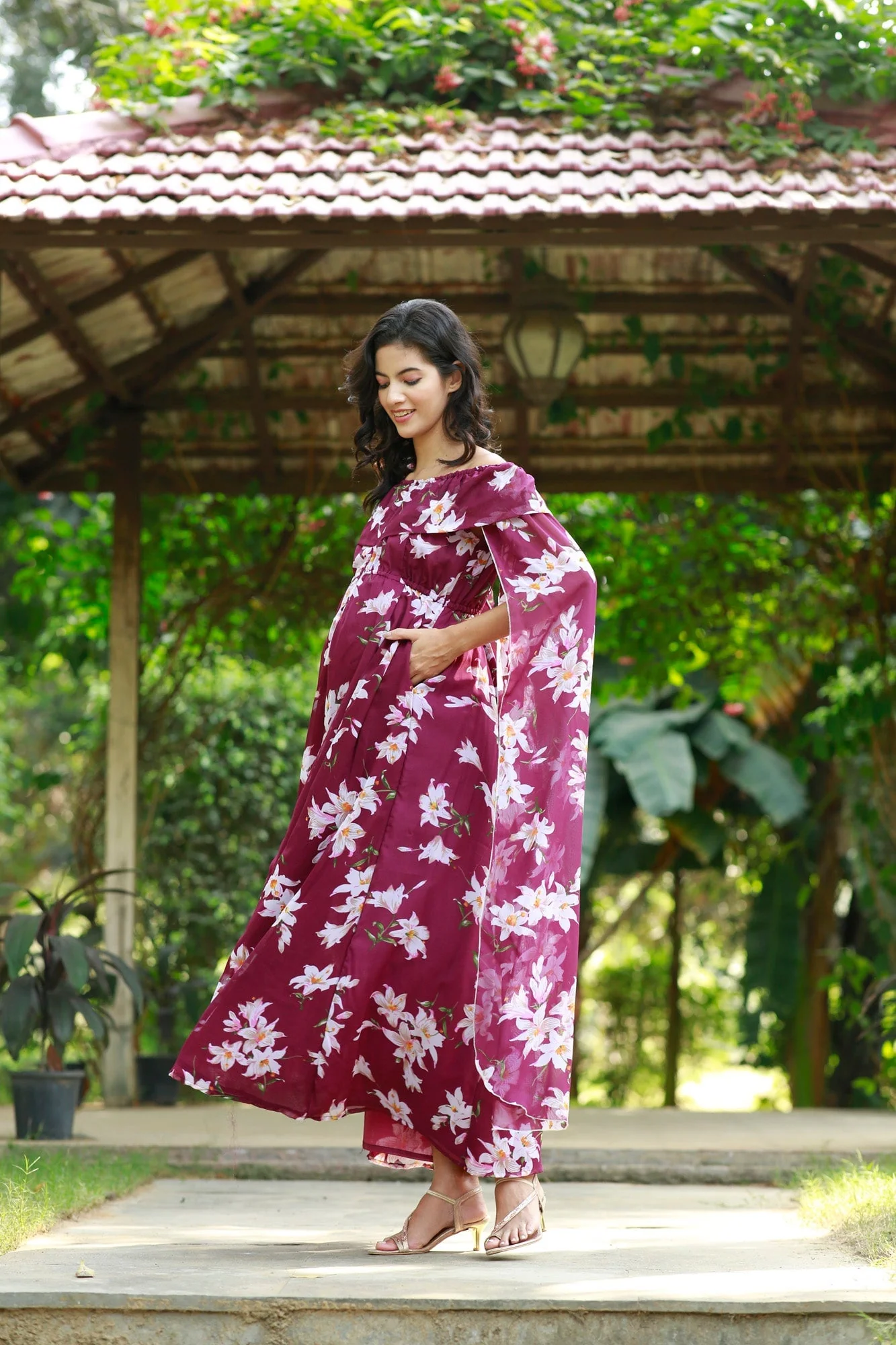 Burgundy Cascading Floral Flying Sleeves Maternity & Nursing Dress - Chenance