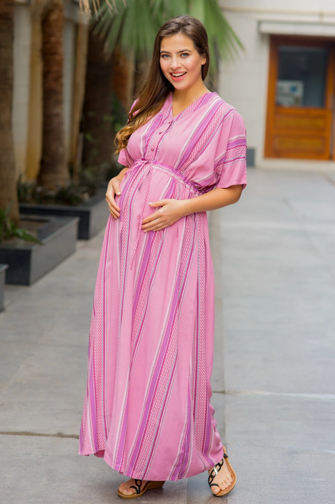 Set of 2 - Kimono Carnation Stripe Delivery Gown + Matching Baby Swaddle - Chenance