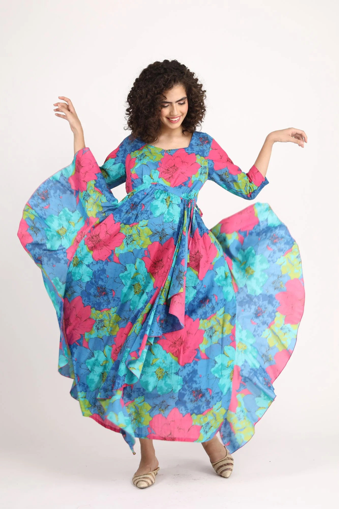 Dazzling Blue Maternity & Nursing Flow Dress (100% Cotton) - Chenance