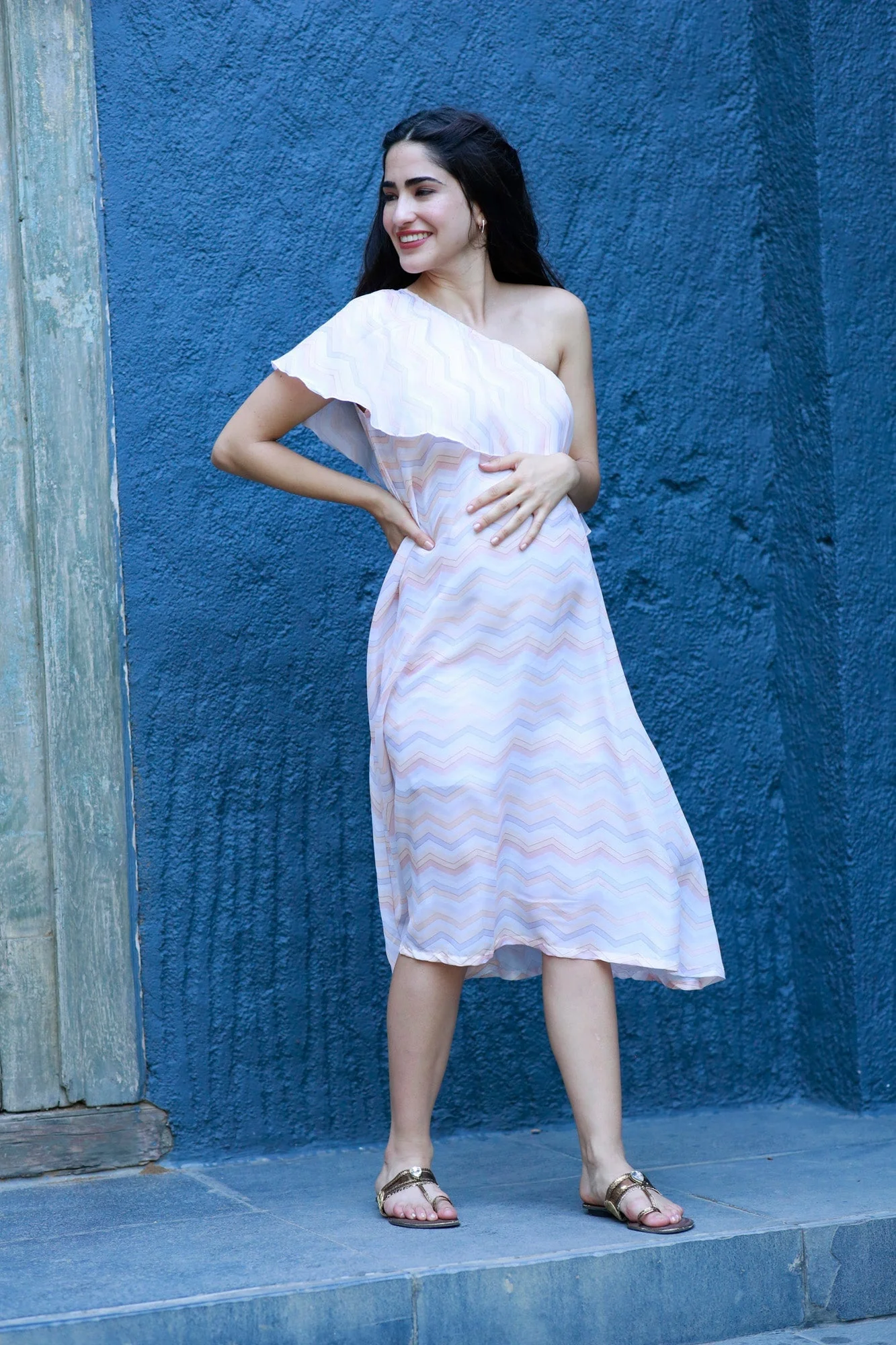 Charming Nautical White Maternity One Shoulder Dress - Chenance