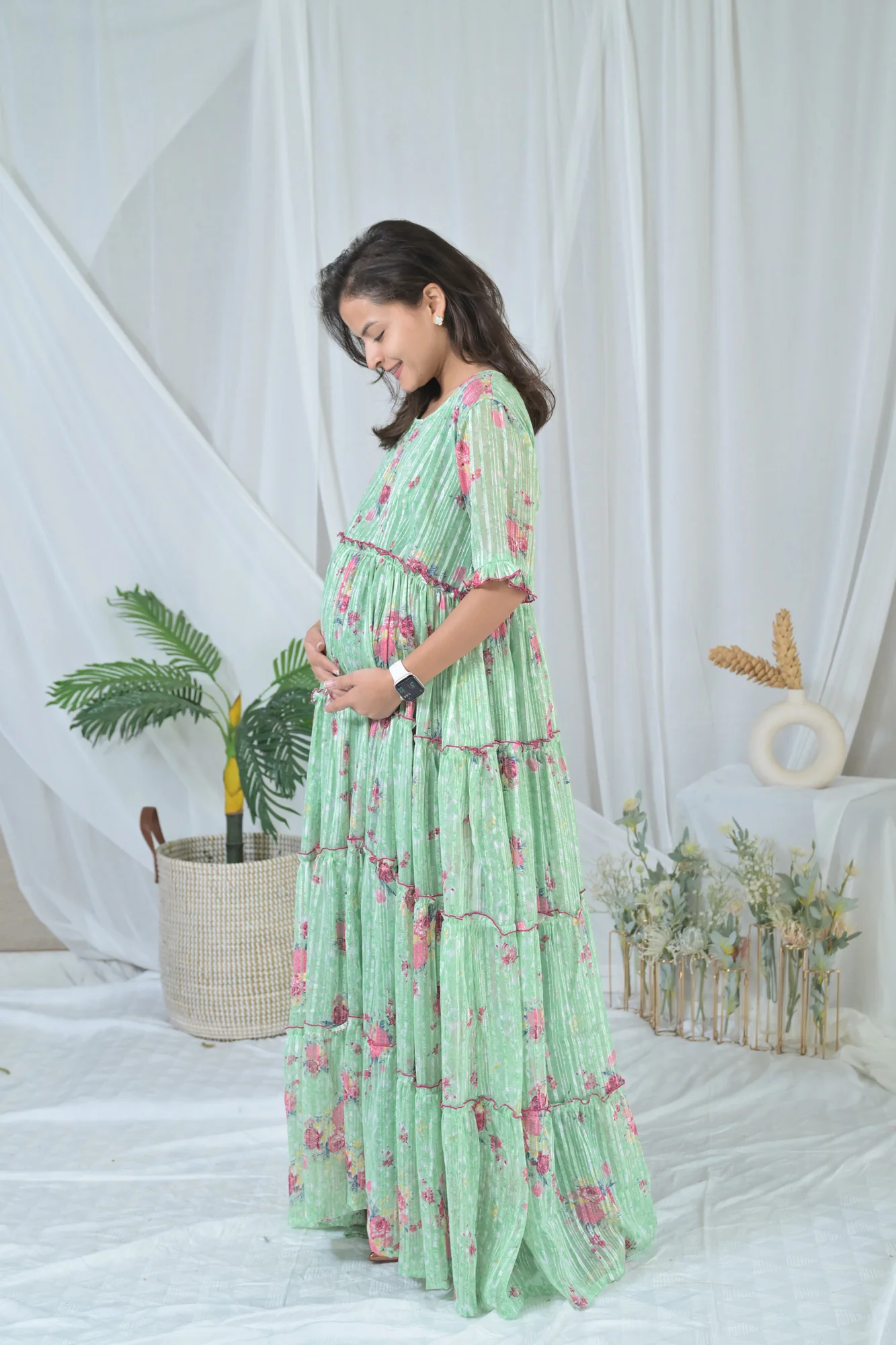 Graceful Mint Green Frill Maternity & Nursing Dress - Chenance
