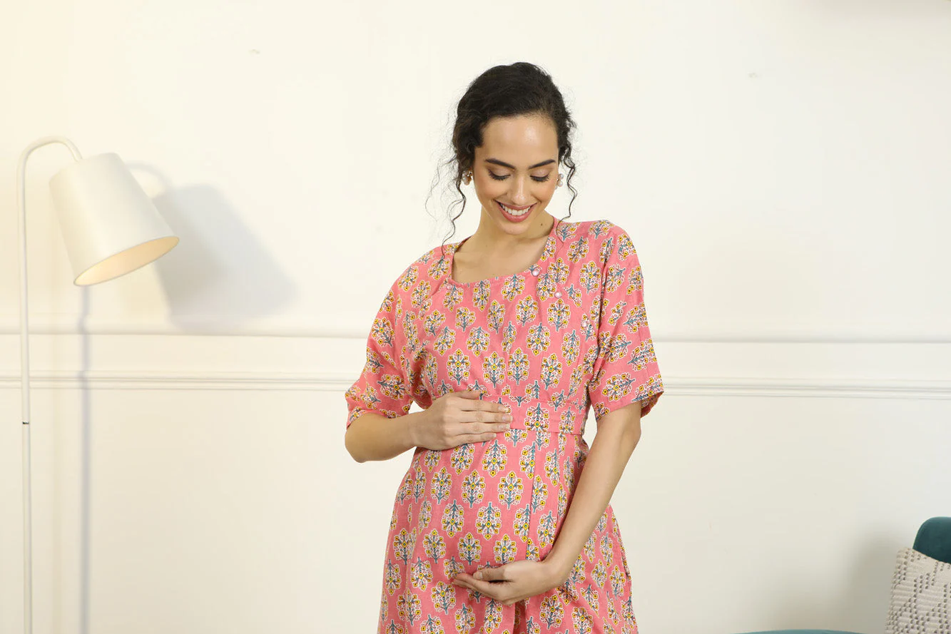 Restful Blossom Coral Shoulder Snap Delivery Gown + Matching Baby Swaddle Set Of 2 - Chenance