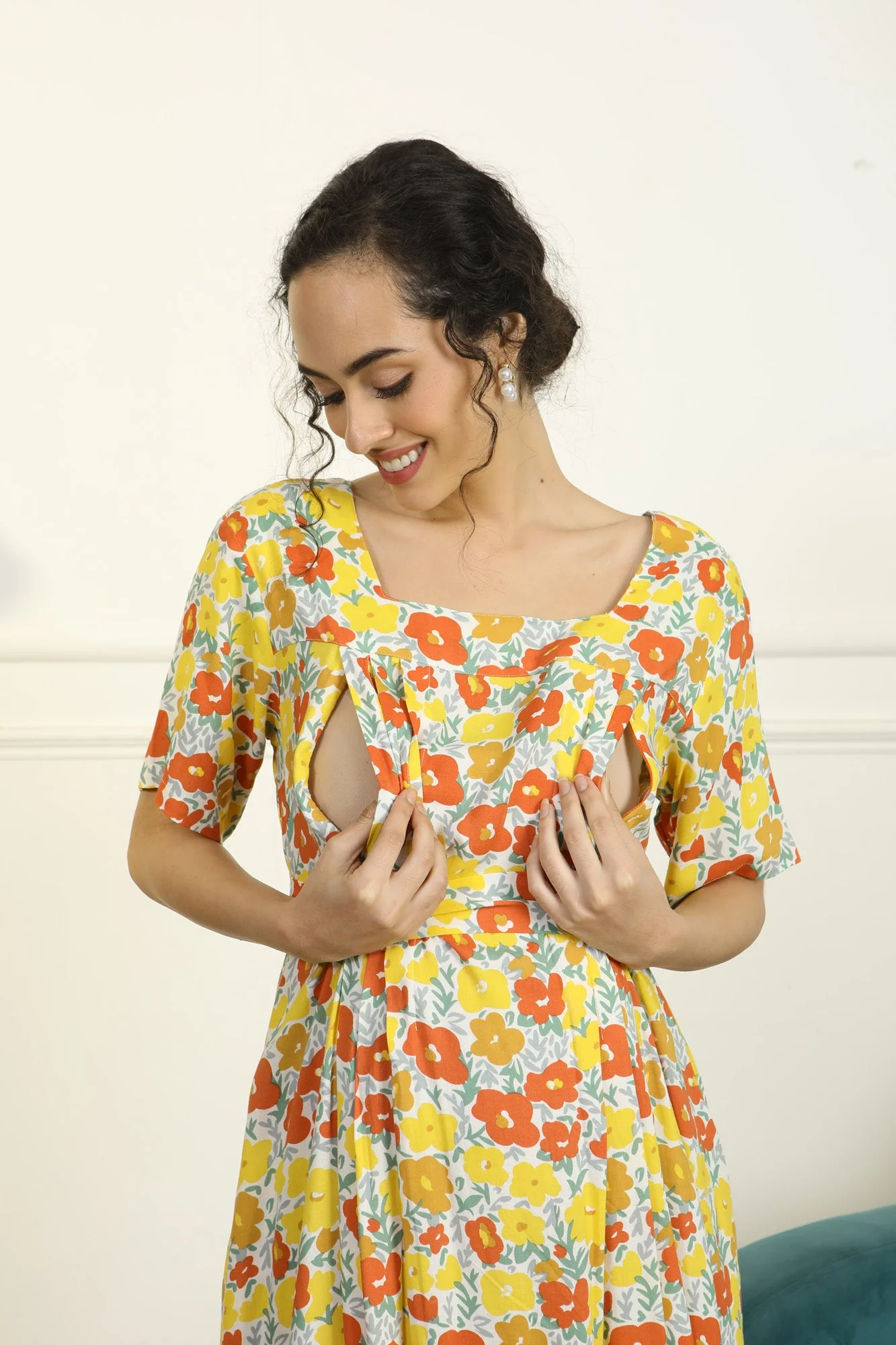 Miami Comfy Flower Pop Maternity & Nursing Concealed Zips Night Dress - Chenance