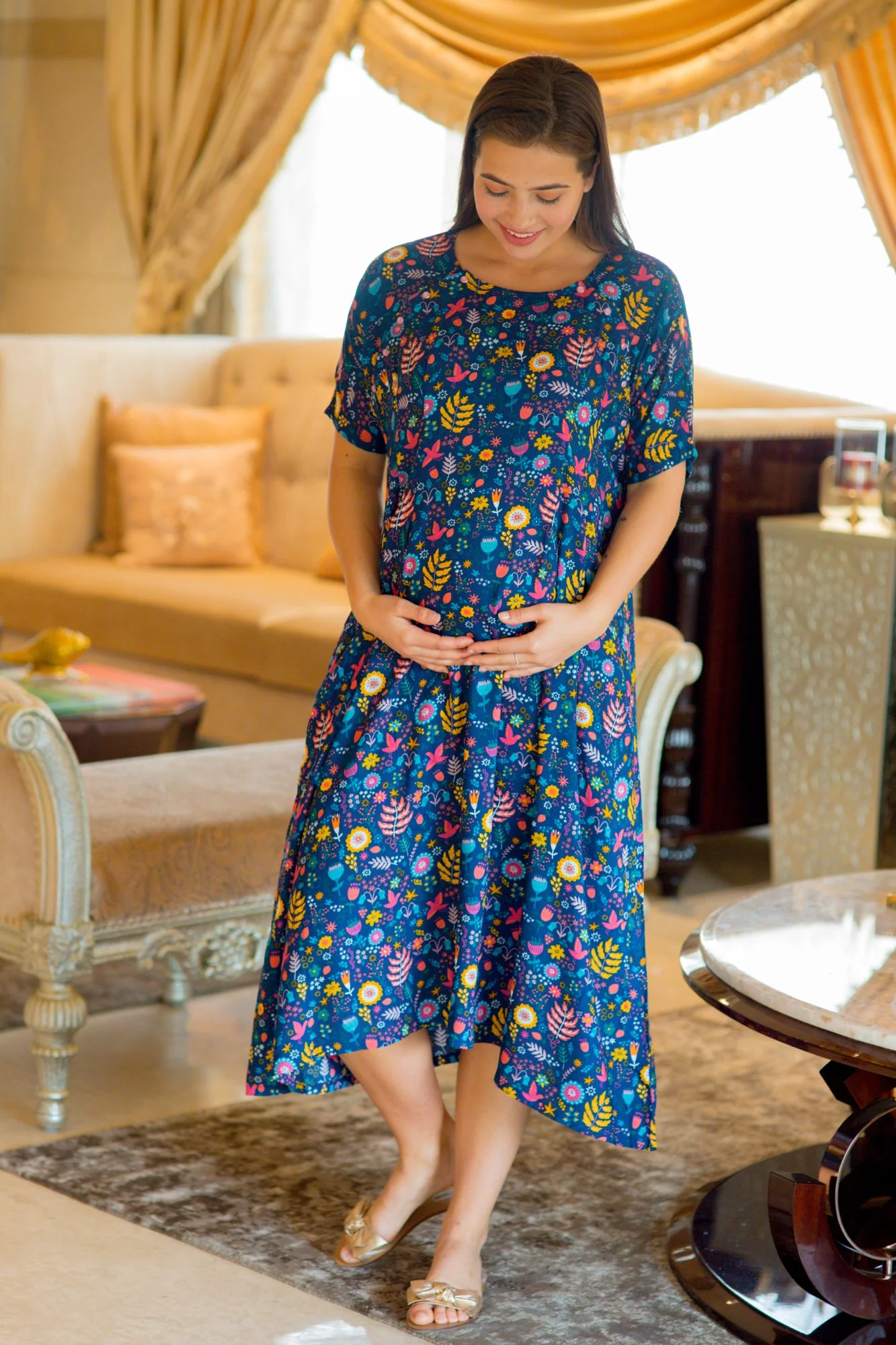 Midnight Blue Shoulder Snap Maternity & Nursing Dress / Delivery Gown/ Night Dress - Chenance