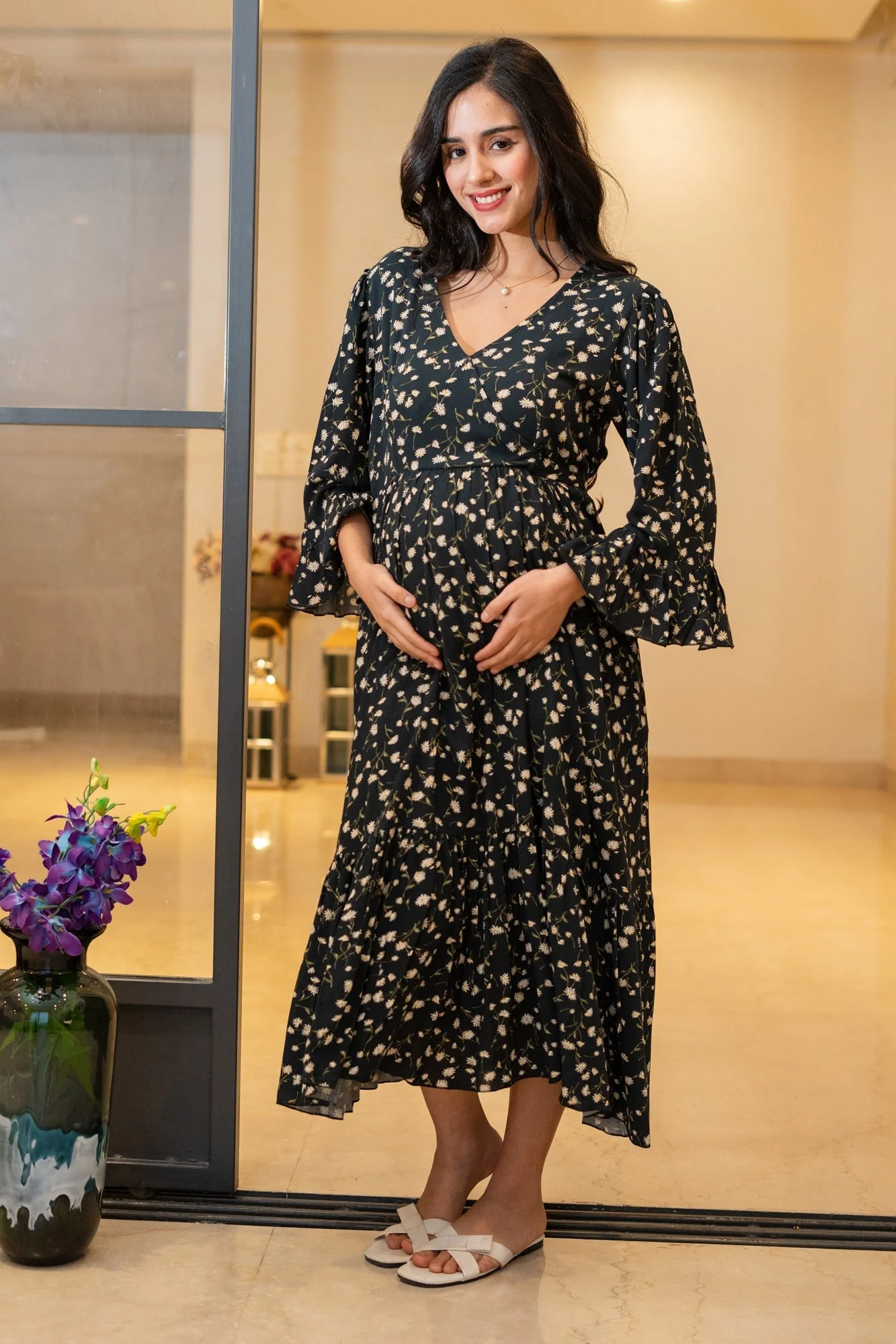 Vivacious Rich Black Floral Maternity & Nursing Midi Wrap Dress - Chenance