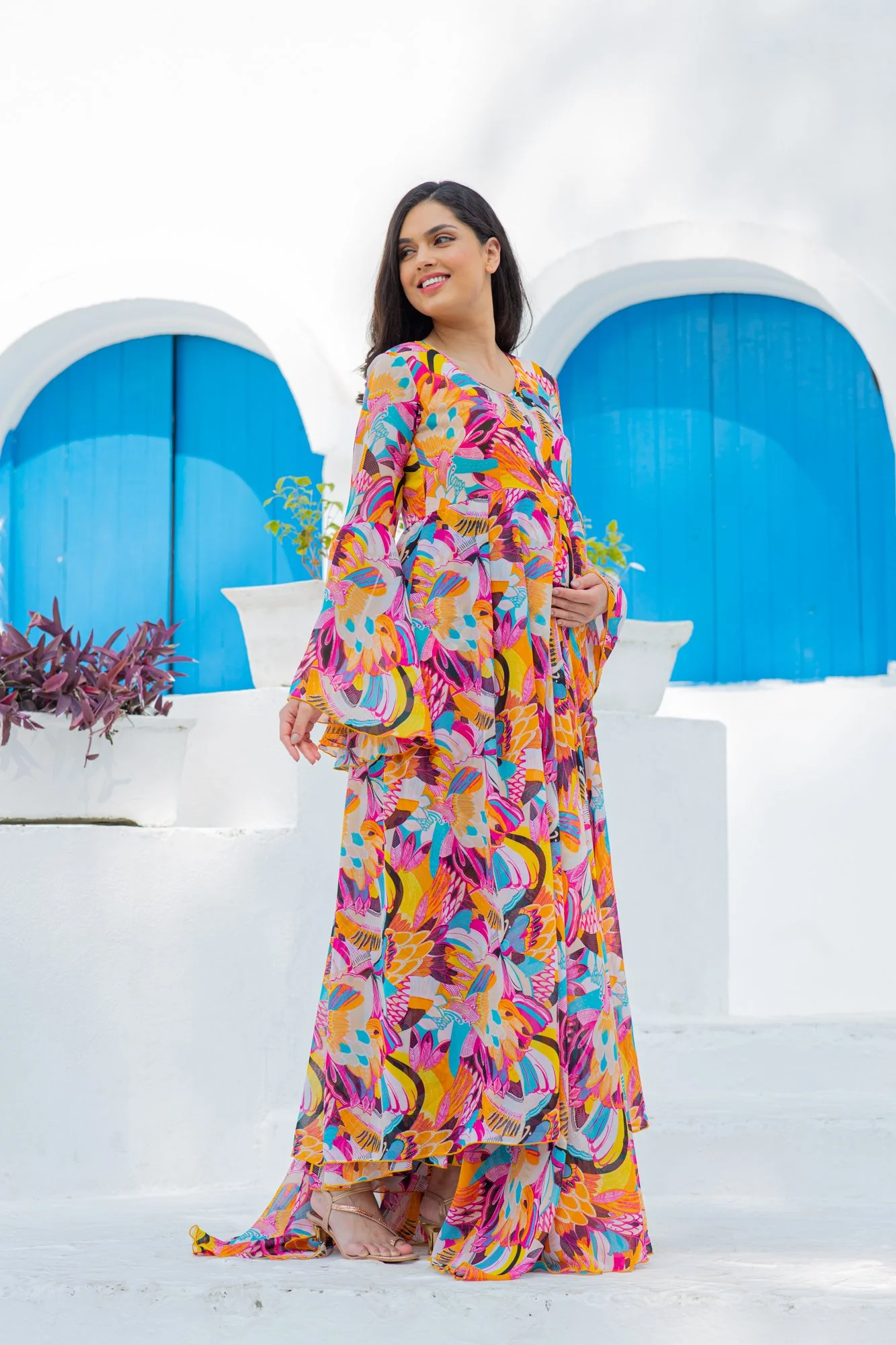 Vibrant Boho Maternity & Nursing Flair Concealed Zip Dress - Chenance