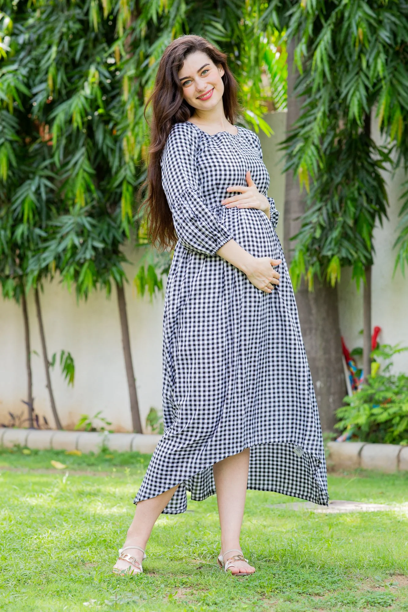 Plaid Dual Bow High-Low Maternity & Nursing Dress - Chenance