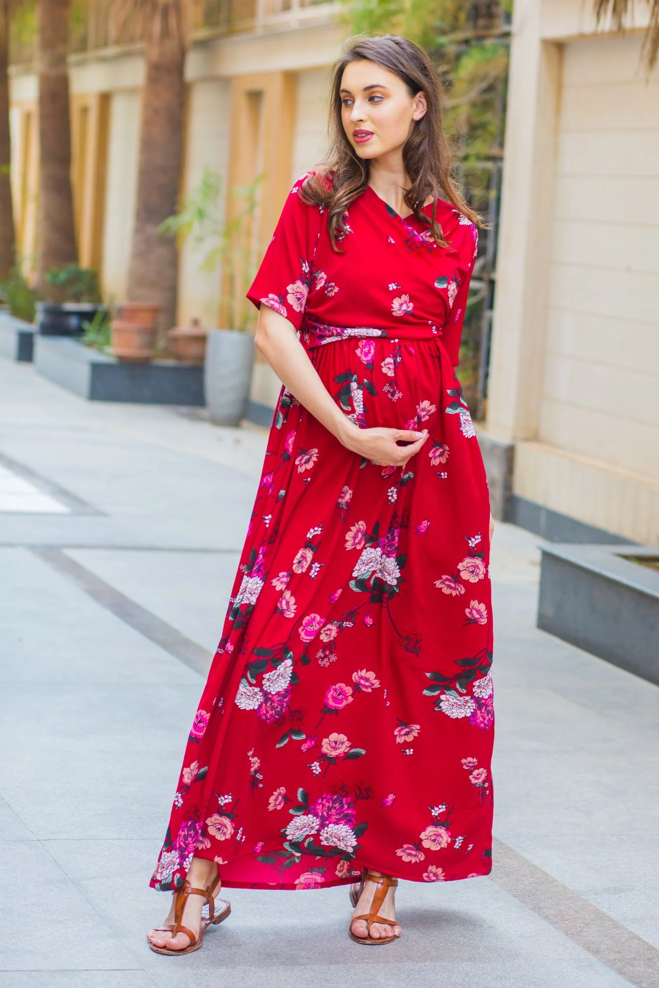 Luxe Red Floral Bubble Georgette Maternity & Nursing Wrap Dress - Chenance
