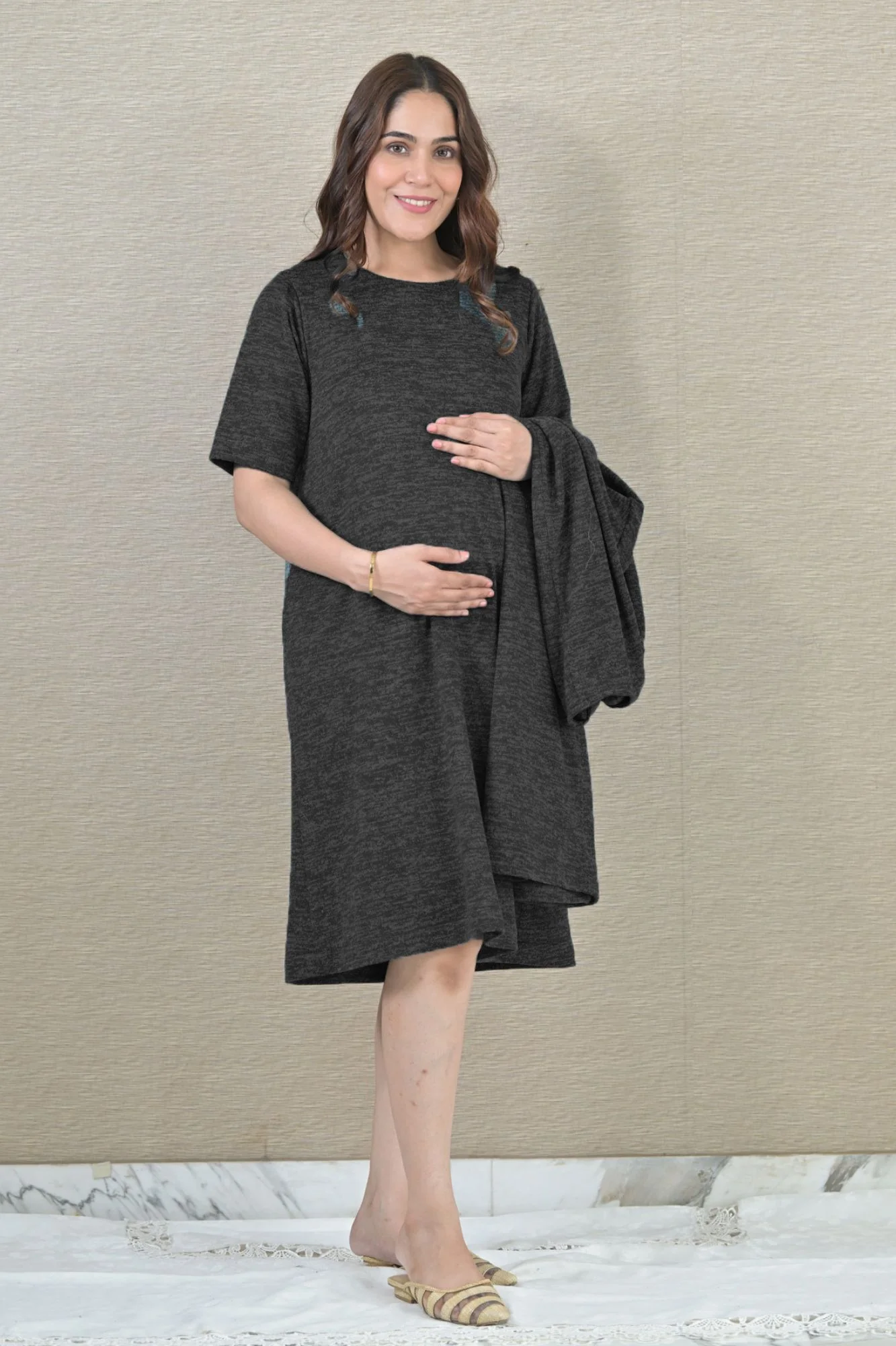 Chic Black Maternity Winter Dress With Cover Up (2pc) - Chenance