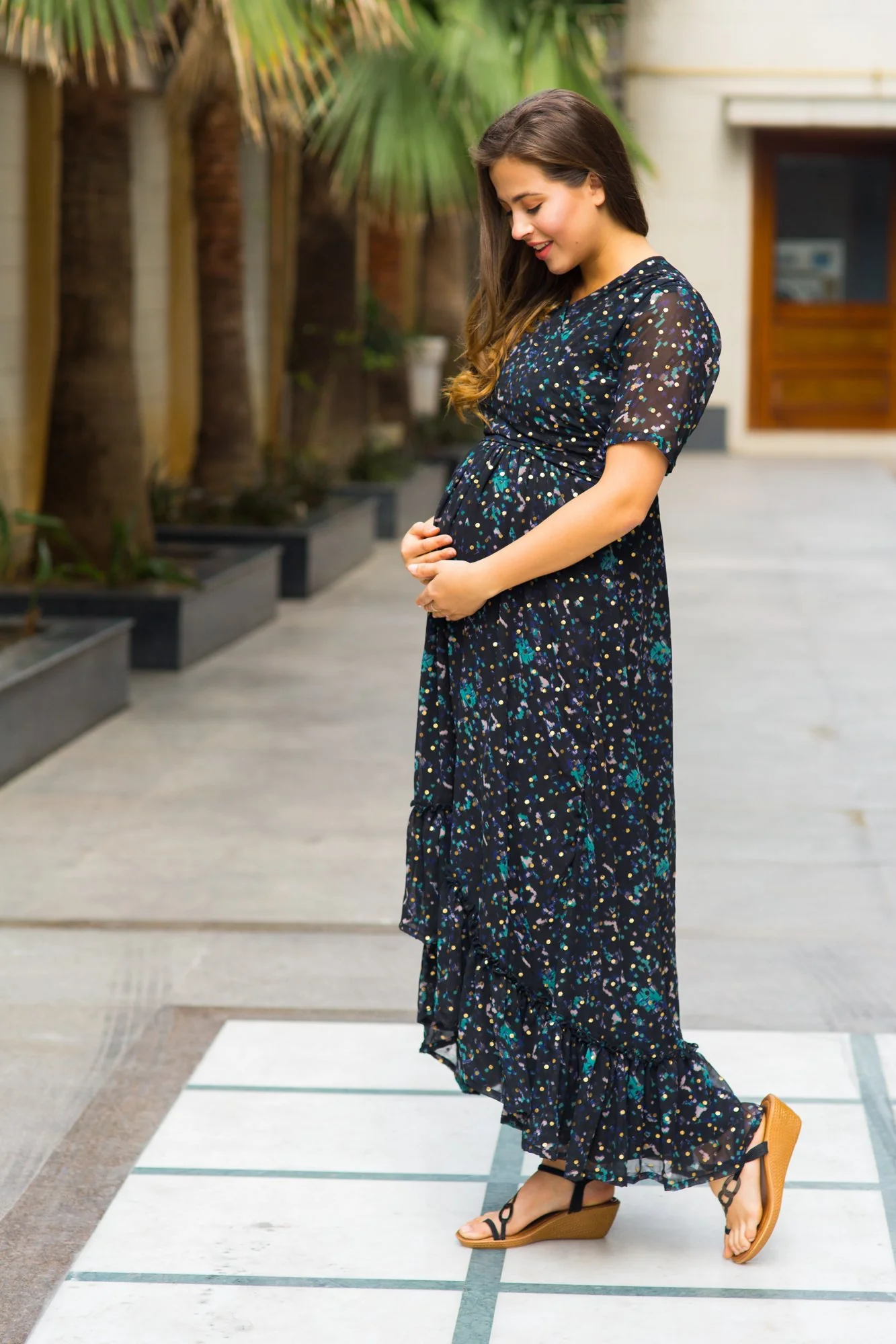 Midnight Gold Embellished Hi-Low Maternity & Nursing Wrap Dress - Chenance