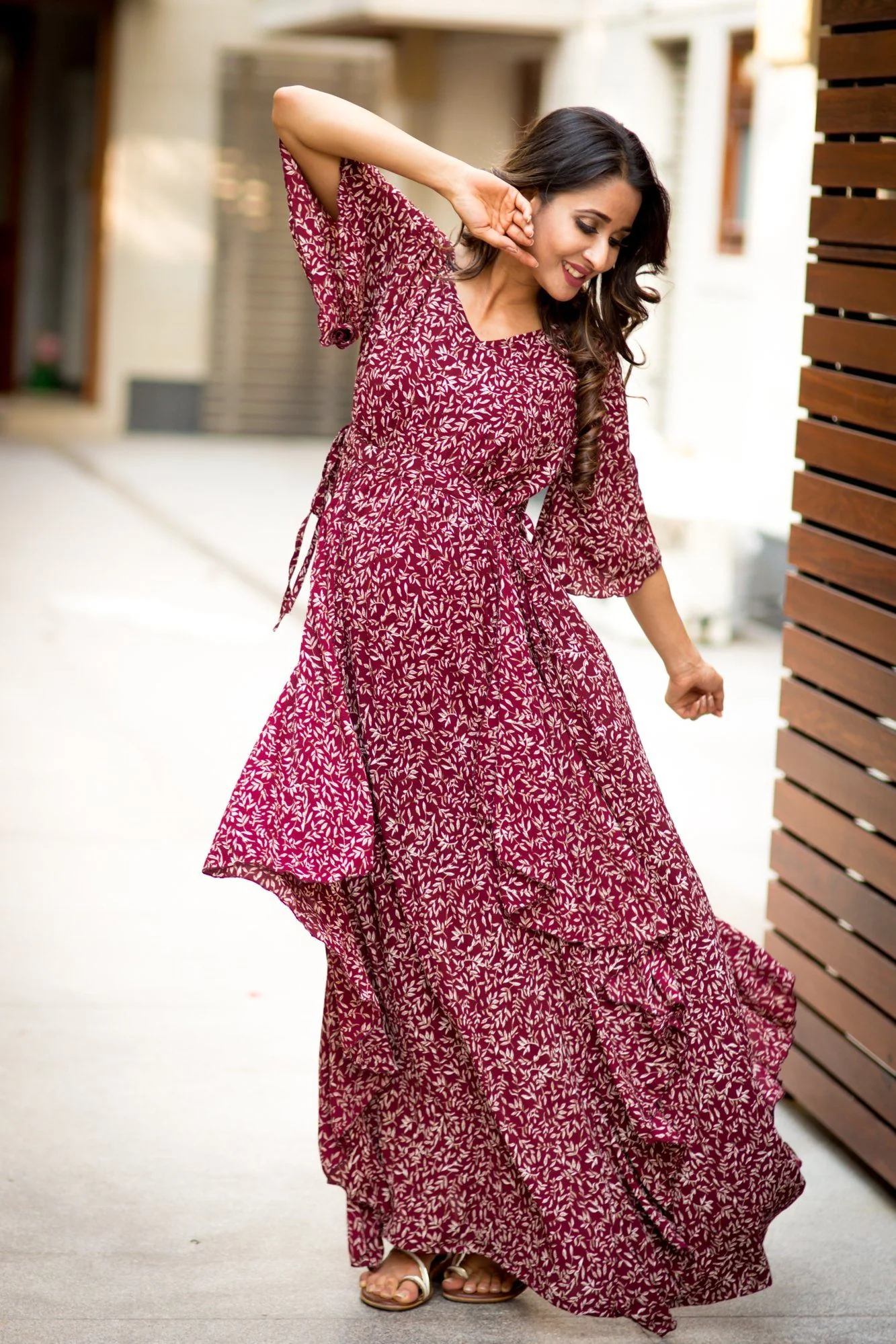 Luxe Wine Leafy Bubble Georgette Maternity Dress - Chenance