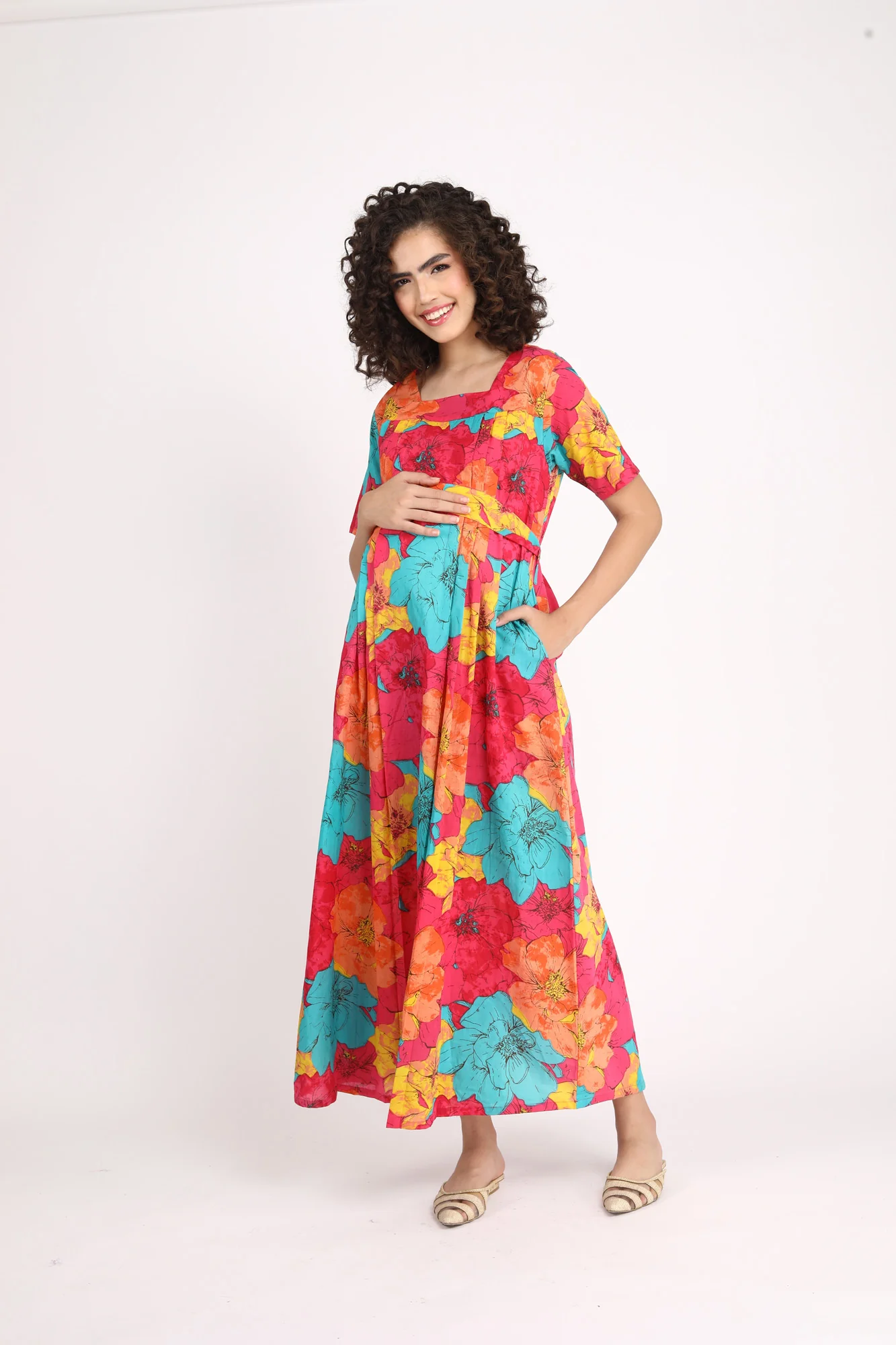 Fuchsia Maternity And Nursing Maxi Dress (100% Cotton) - Chenance