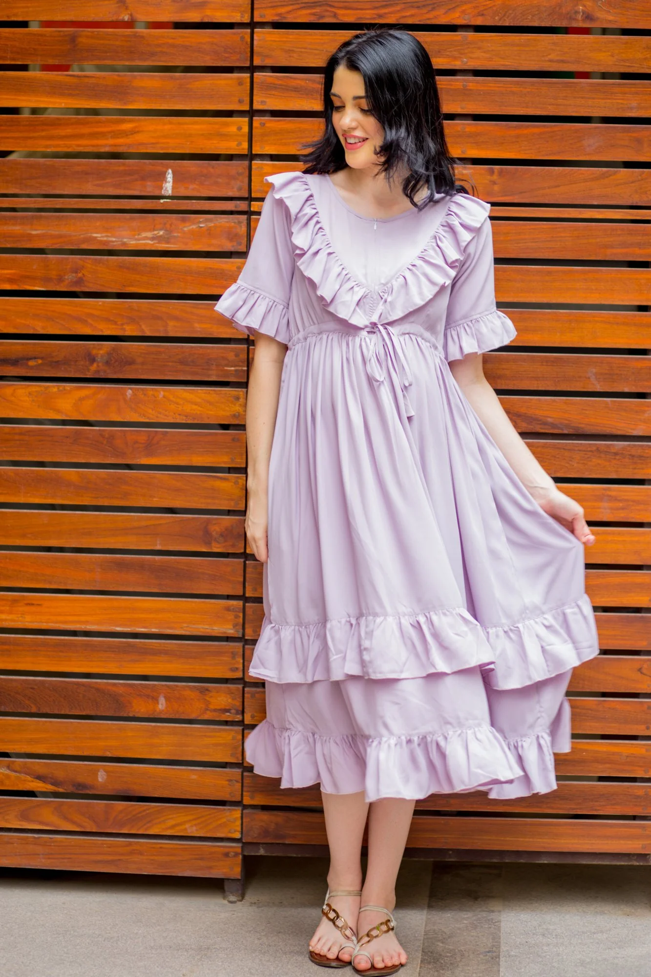 Lavender Front Frill Maternity & Nursing Midi Dress - Chenance