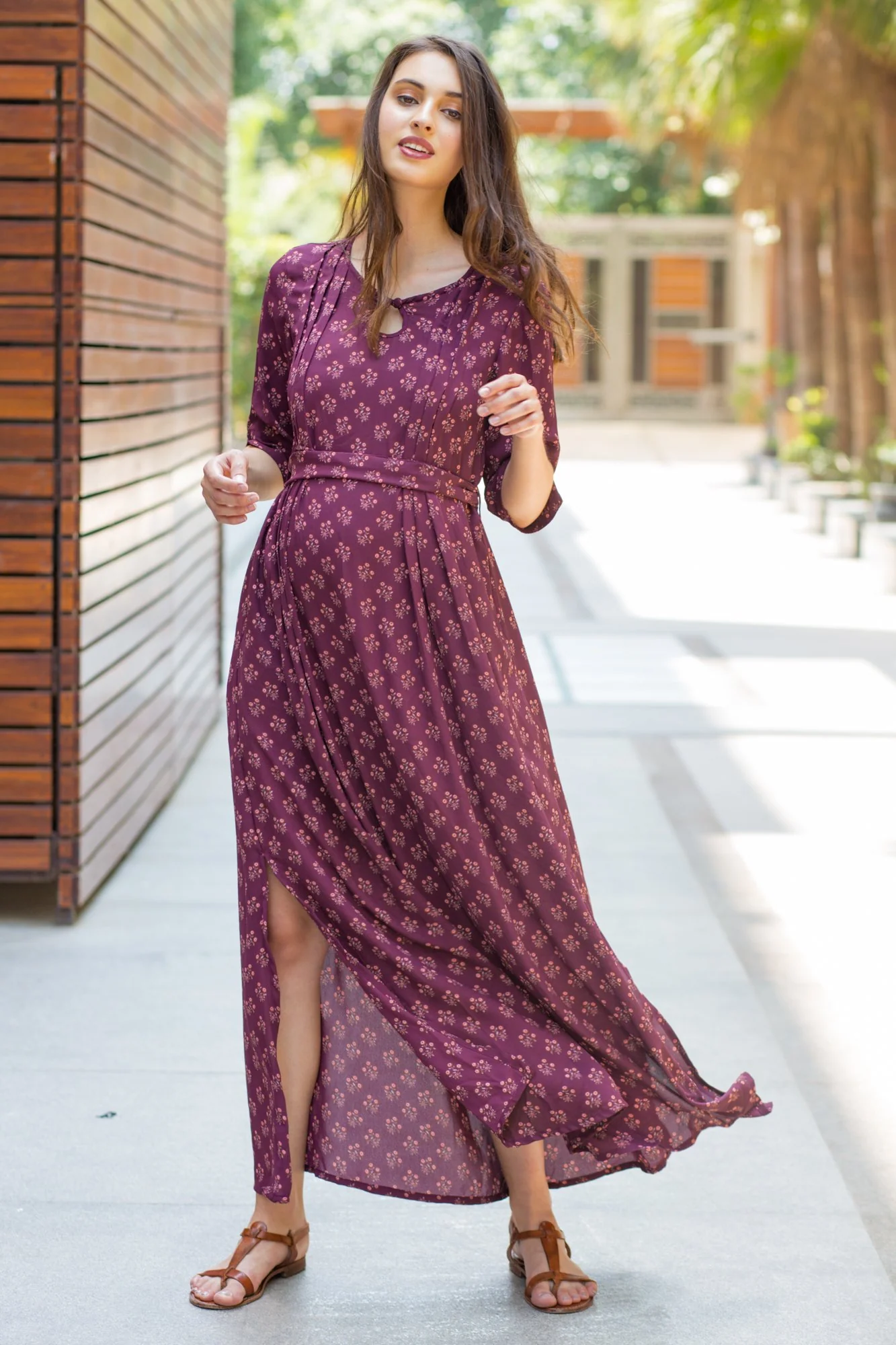 Merlot Side Slit Concealed Zips Feeding Dress - Chenance