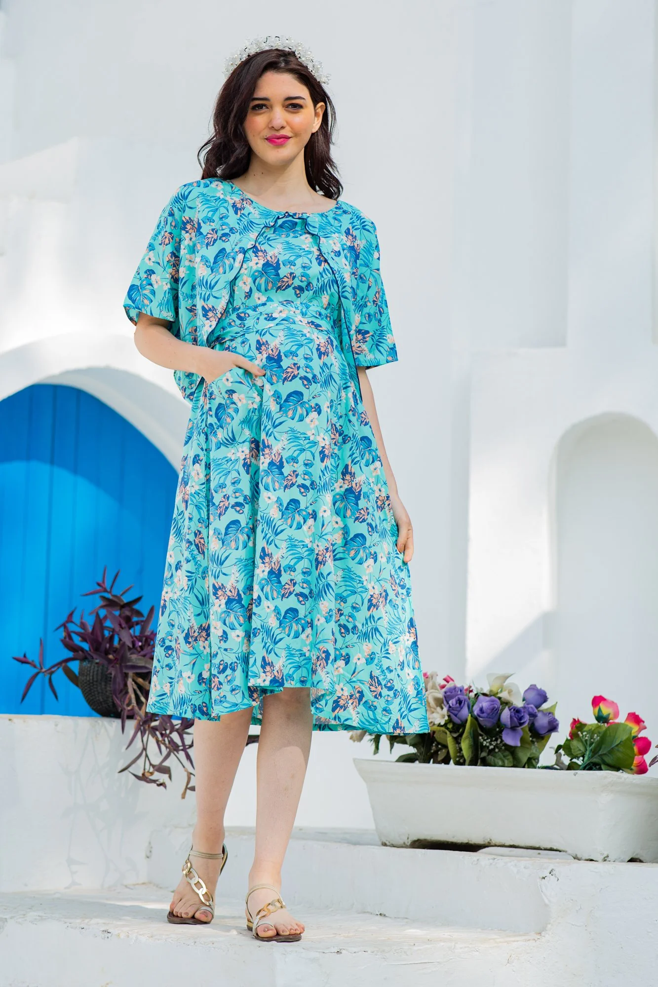 Blue Water Lilly Maternity & Nursing Flap Dress - Chenance