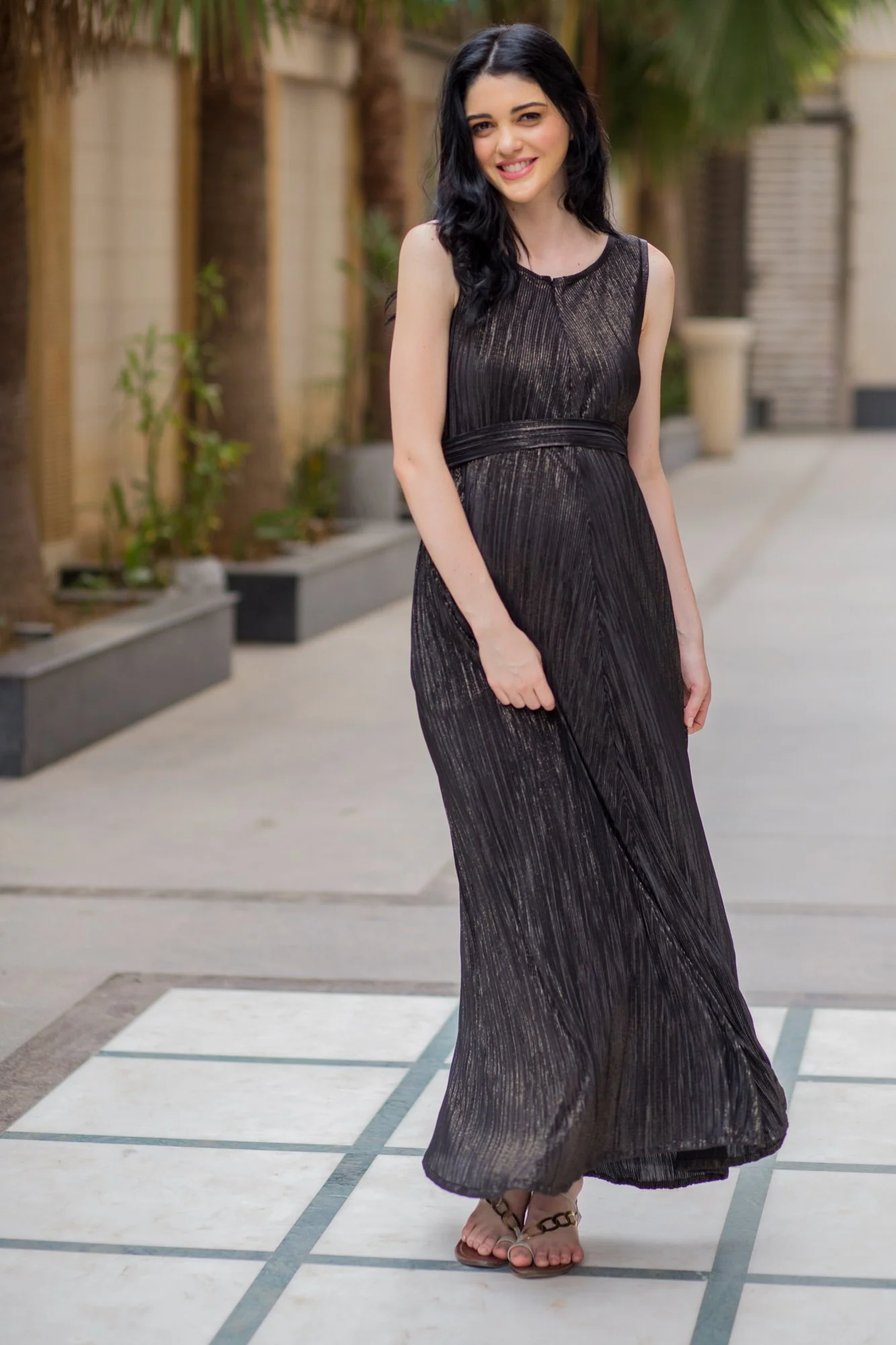Exclusive Black Gold Pleated Maternity & Nursing Dress - Chenance