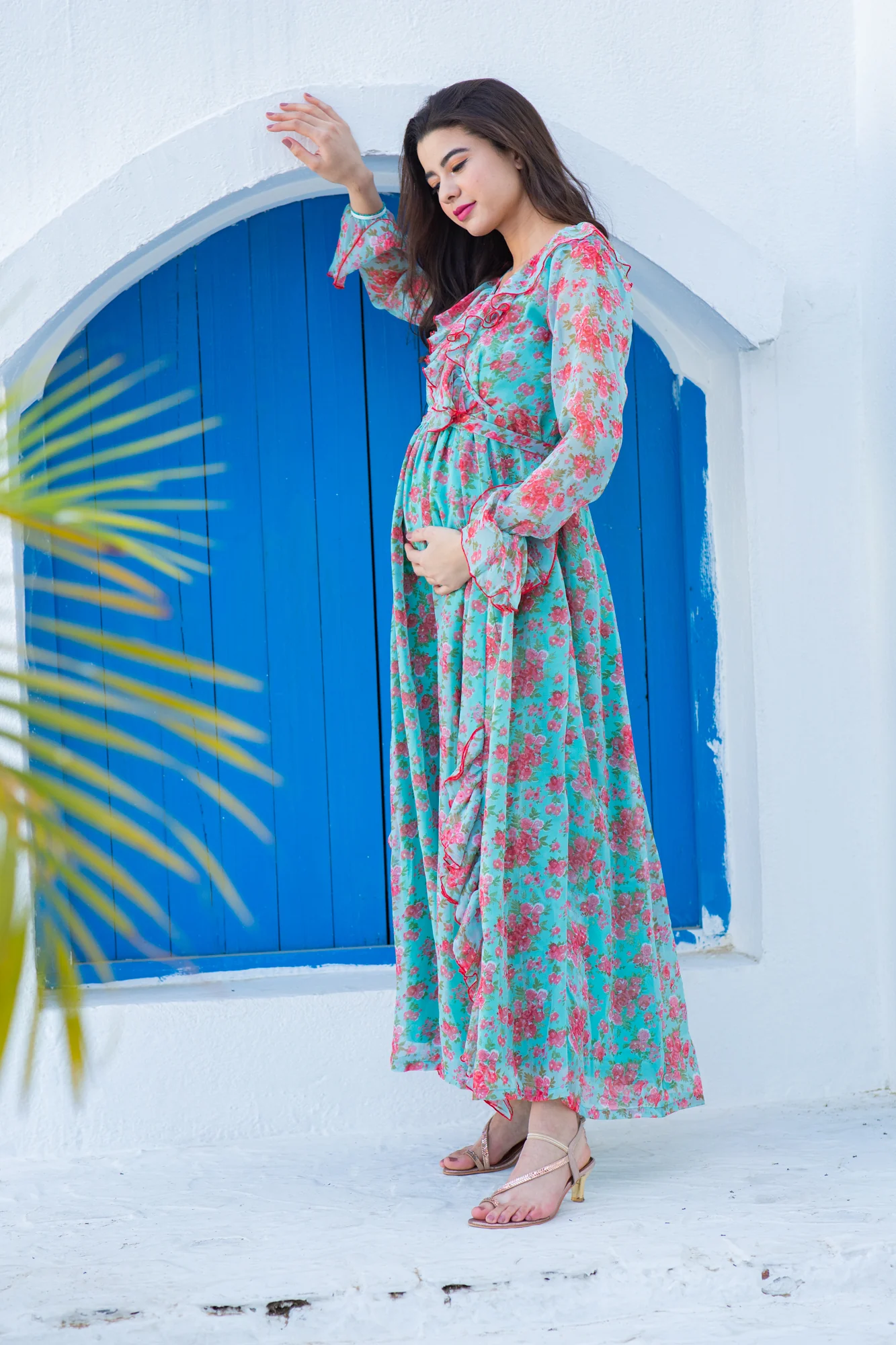 Pretty Aqua Pink Fresh Blossom Maternity Frill Dress - Chenance