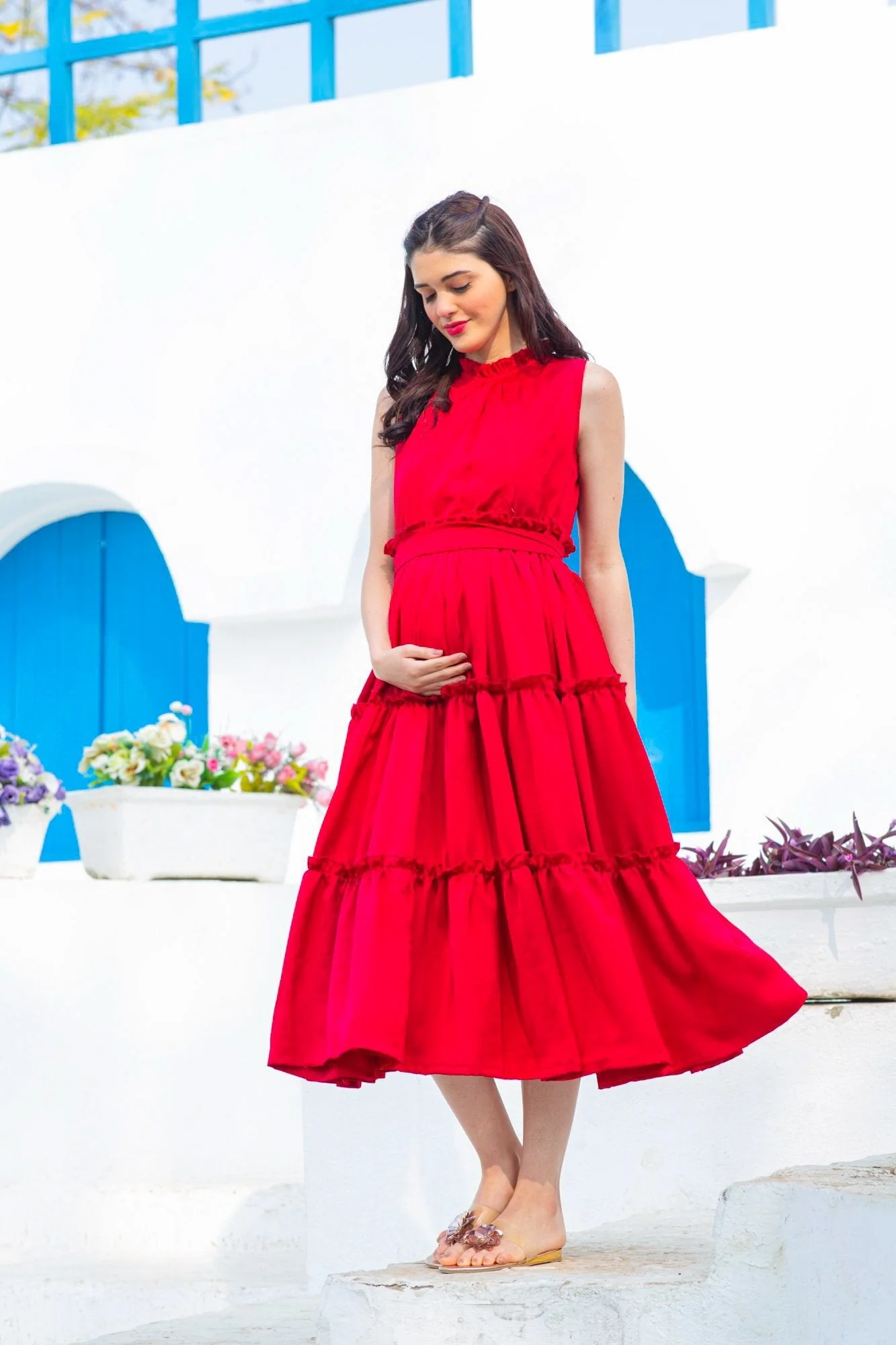 Mini Me (Mother-Daughter) Candy Red Maternity & Nursing Concealed Zips Frill Dress (Set Of 2) - Chenance