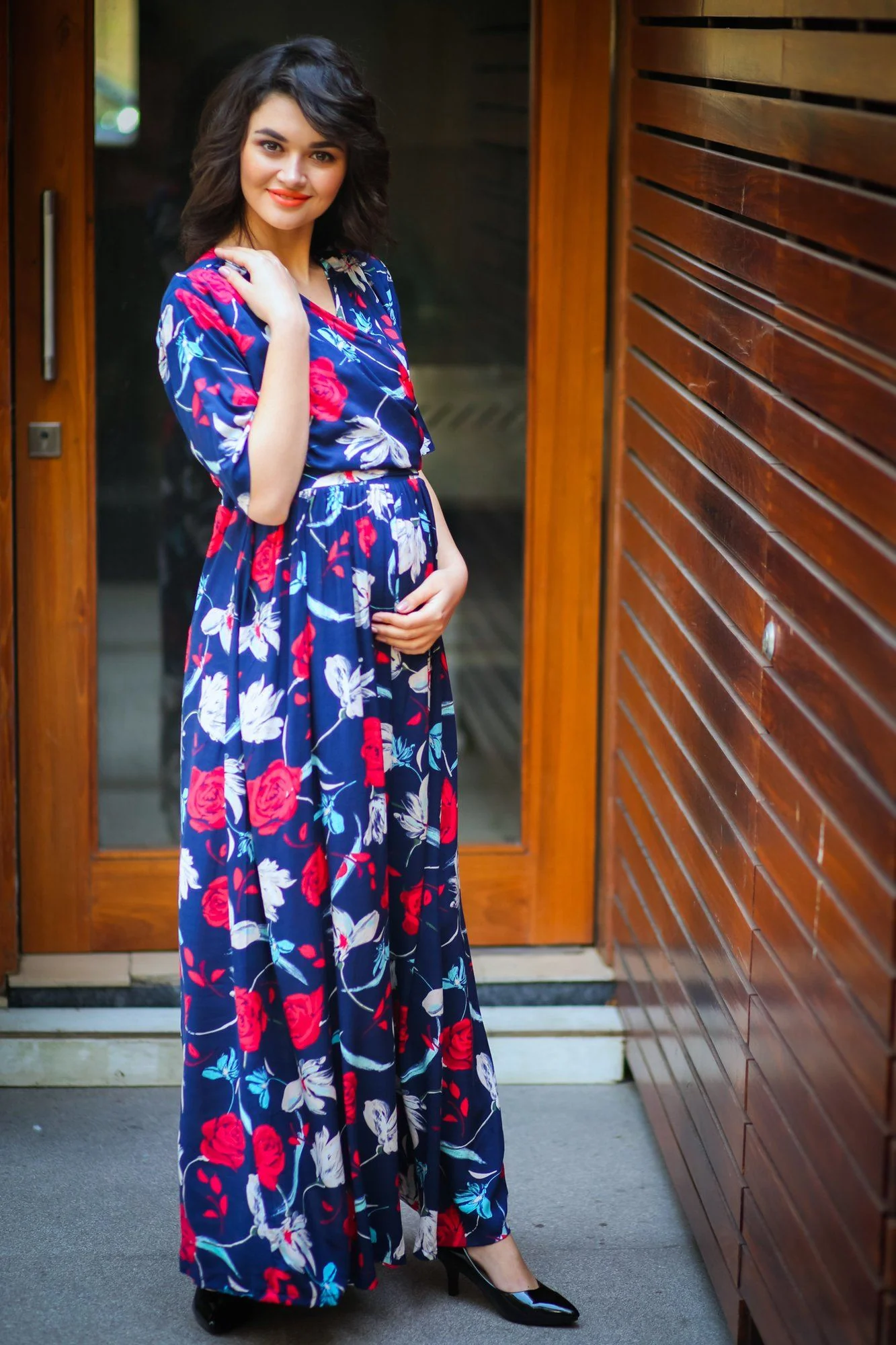 Blue Red Floral Maternity & Nursing Wrap Dress - Chenance