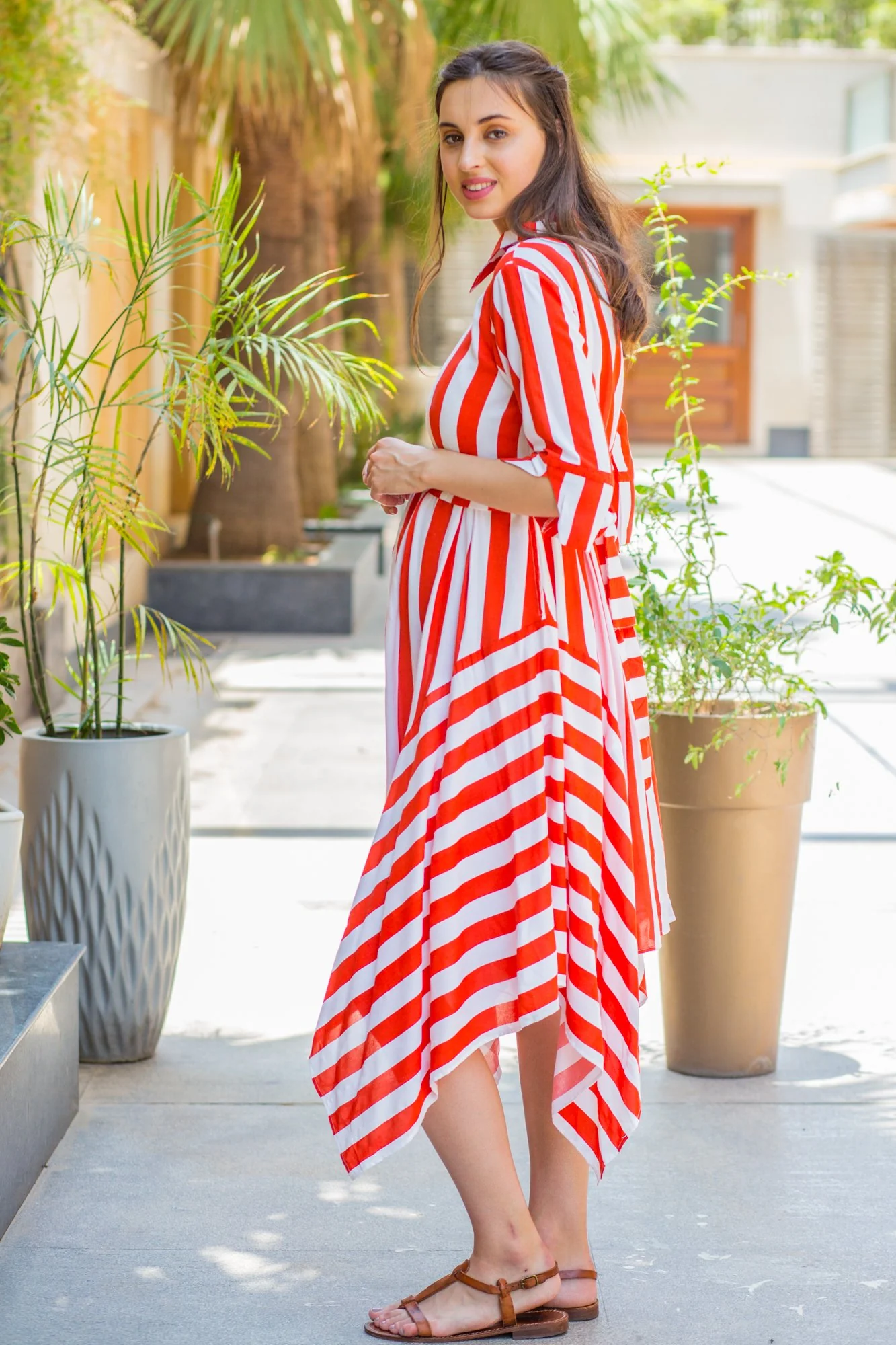 Candy Red Striped Maternity & Nursing Assymetrical Dress - Chenance