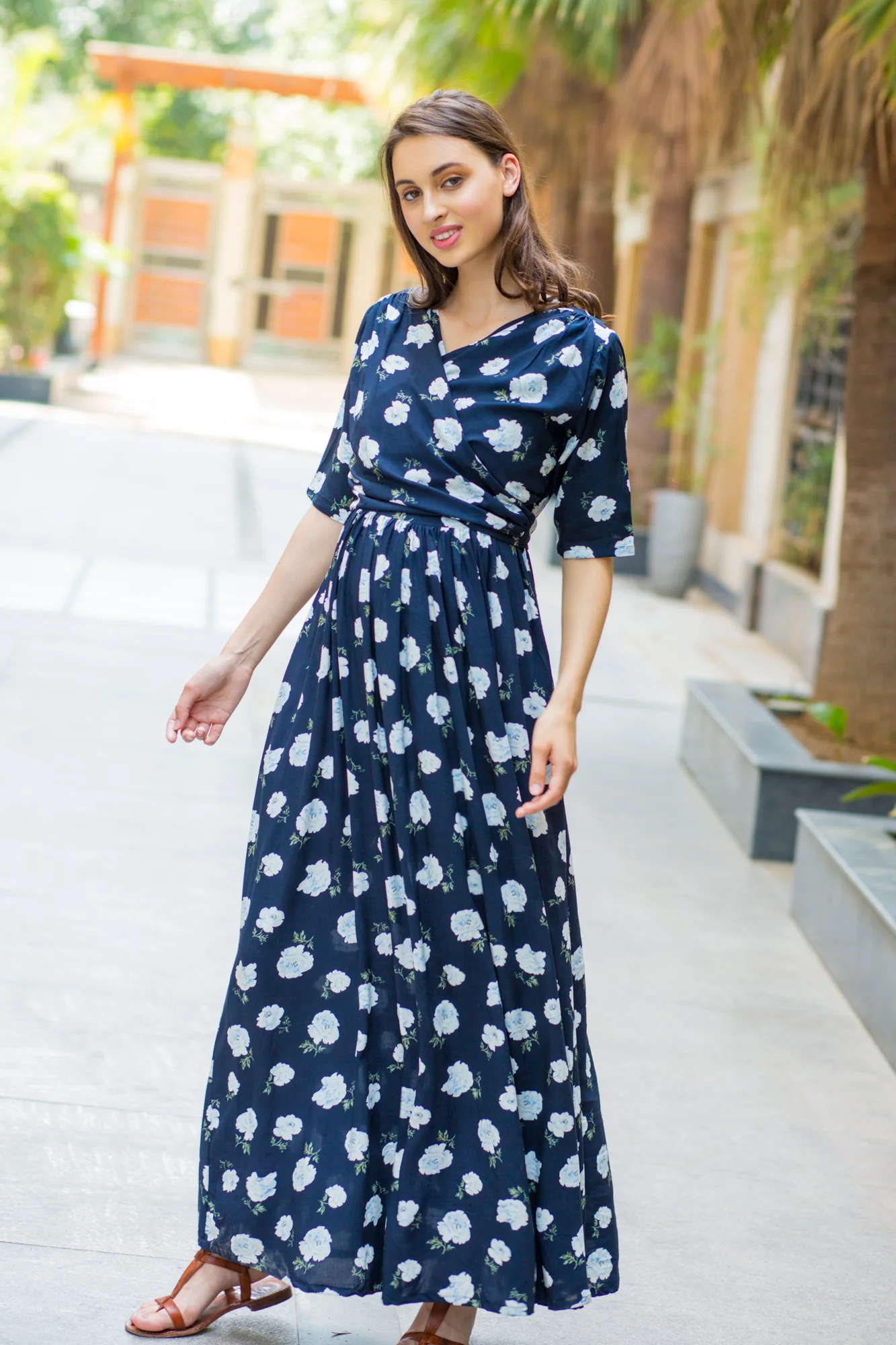Navy White Blossom Maternity & Nursing Wrap Dress - Chenance