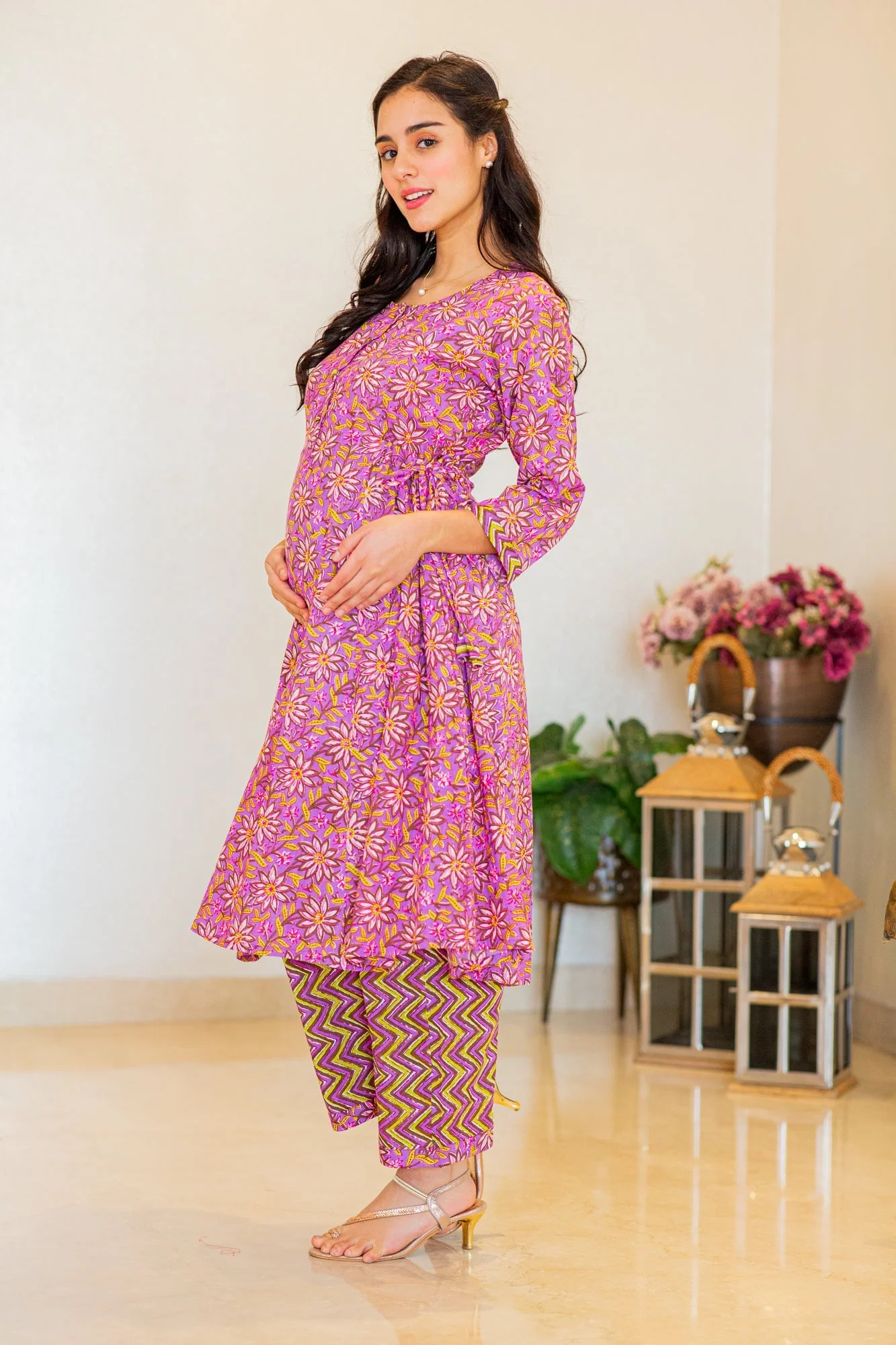 Stunning Purple Floral Maternity & Nursing Kurta Set (2pc) (100% Cotton) - Chenance