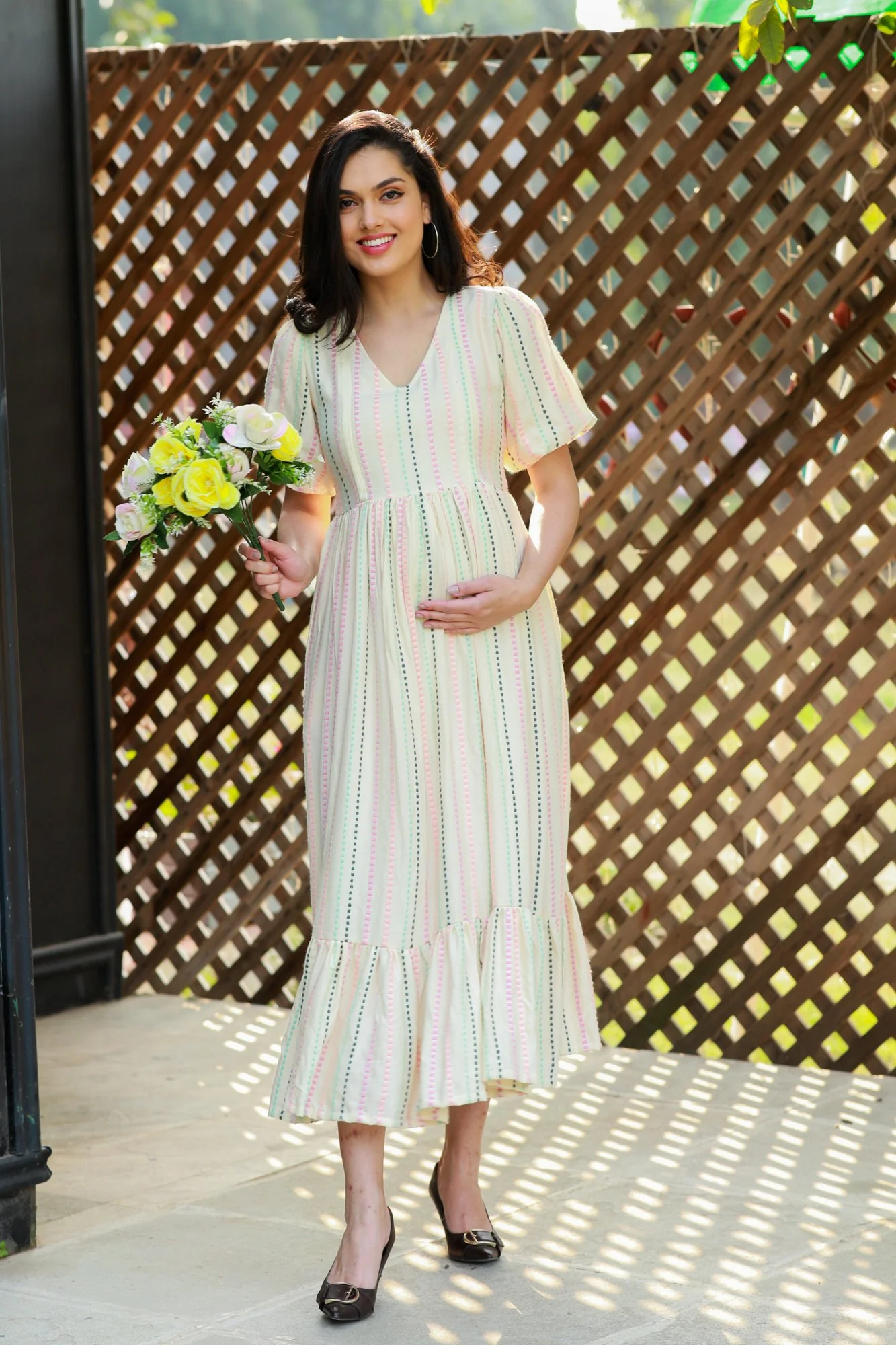 Off White Salmon Striped Long Maternity & Nursing Dress - Chenance