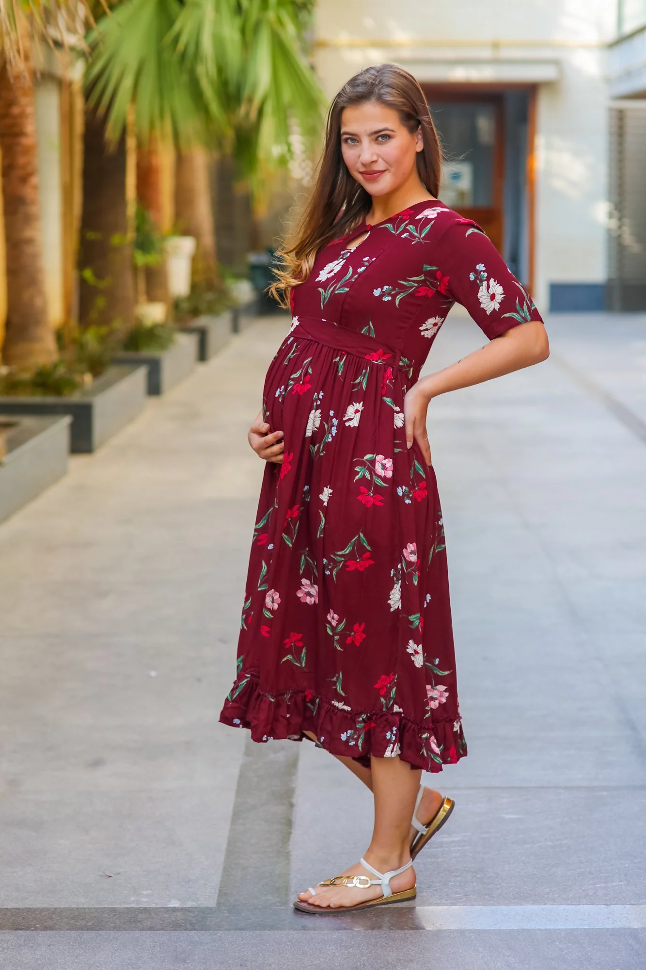 Berry Floral Frill Crepe Concealed Zips Maternity & Nursing Dress - Chenance