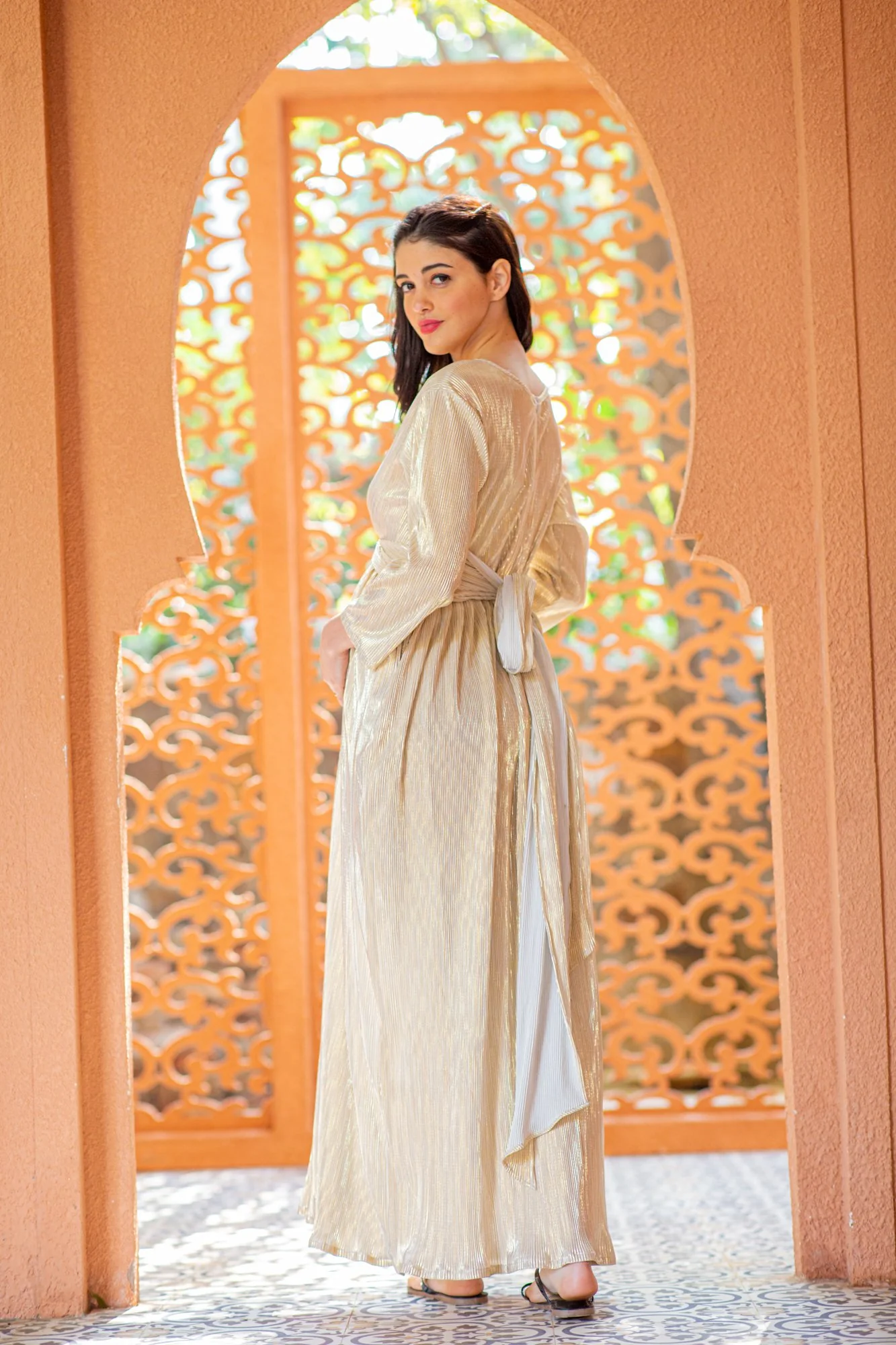 Gold Pleated Maternity Knot Dress - Chenance