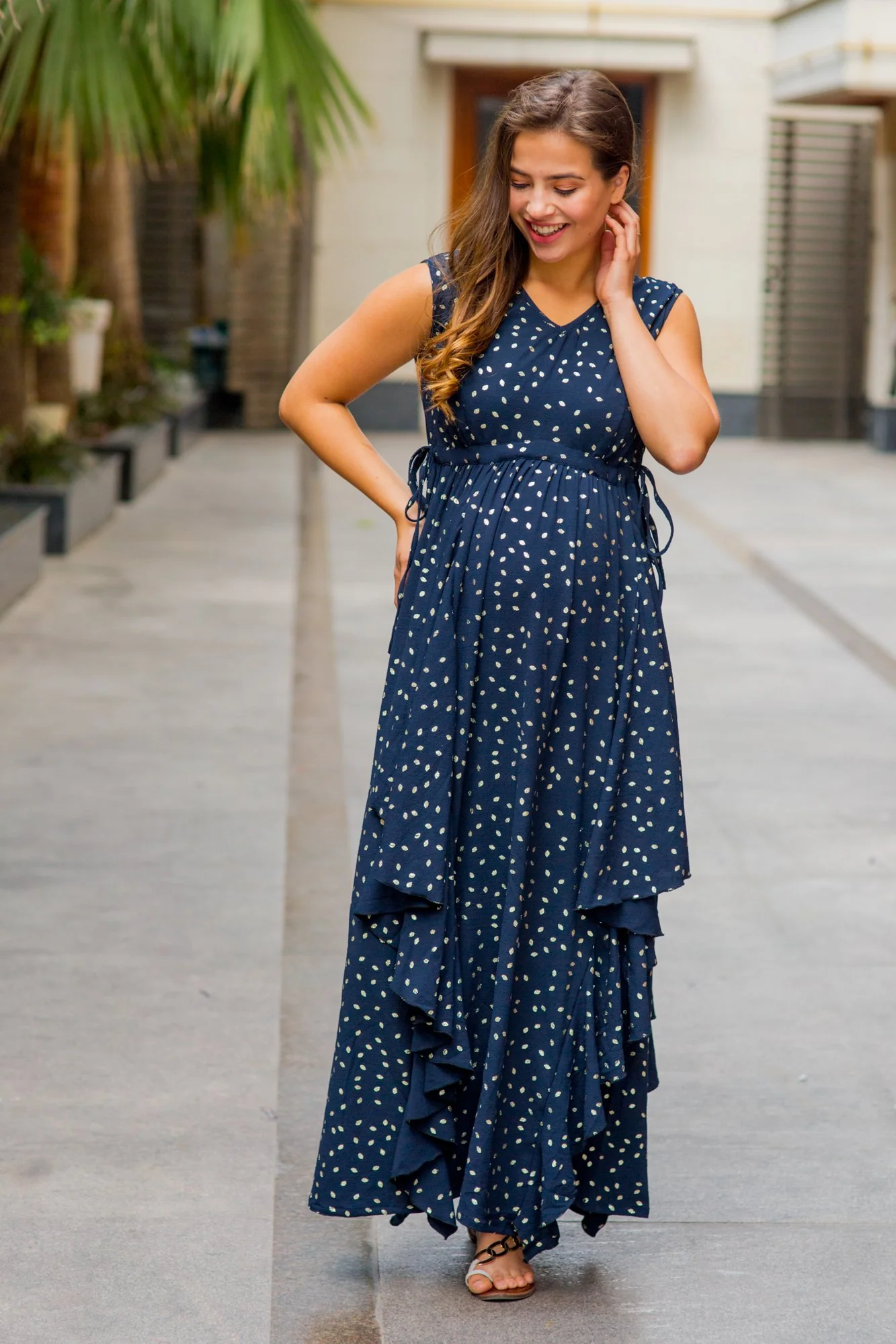 Luxe Navy Gold Speckle Embellished Maternity Flow Dress - Chenance