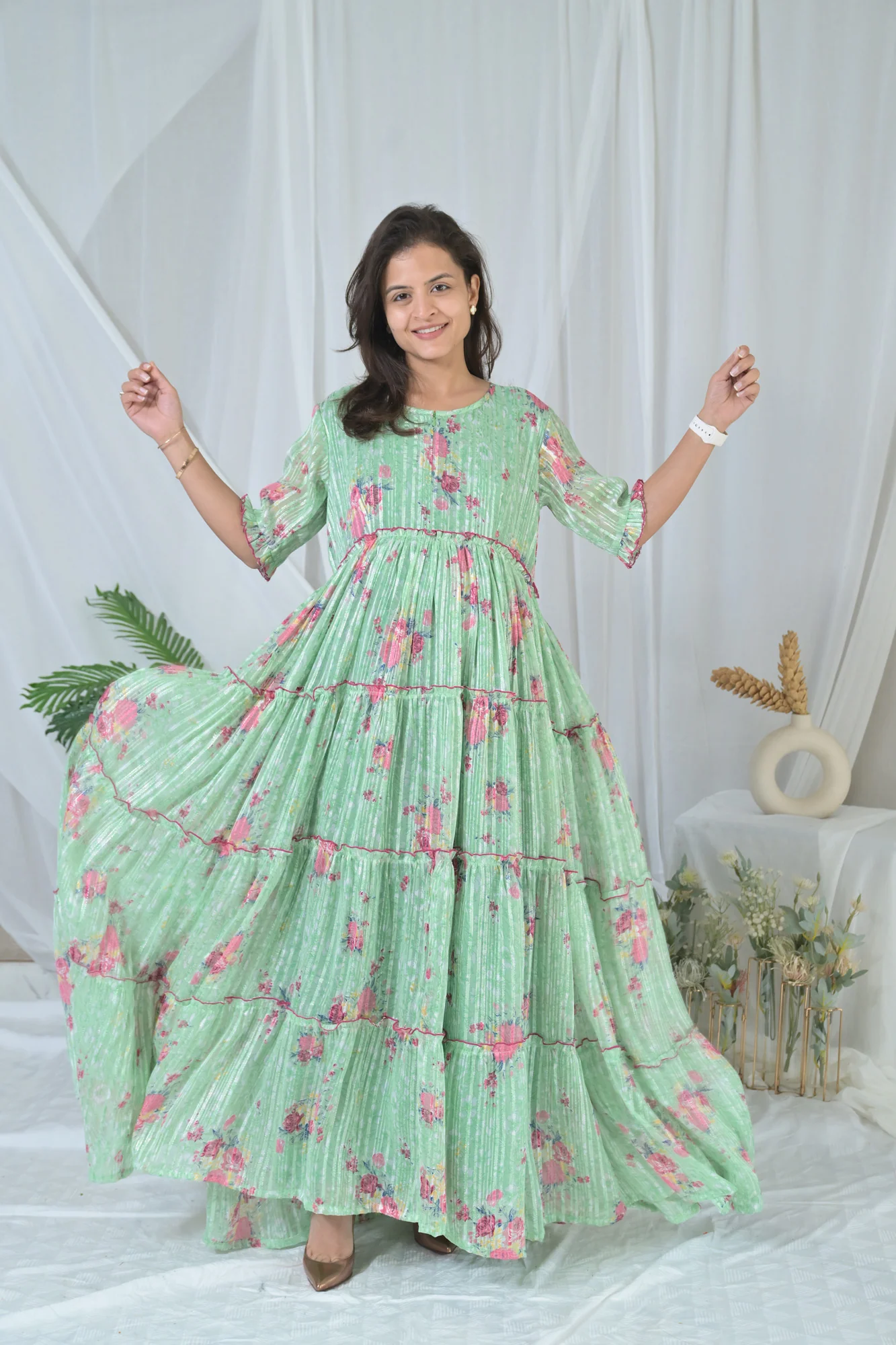 Graceful Mint Green Frill Maternity & Nursing Dress - Chenance