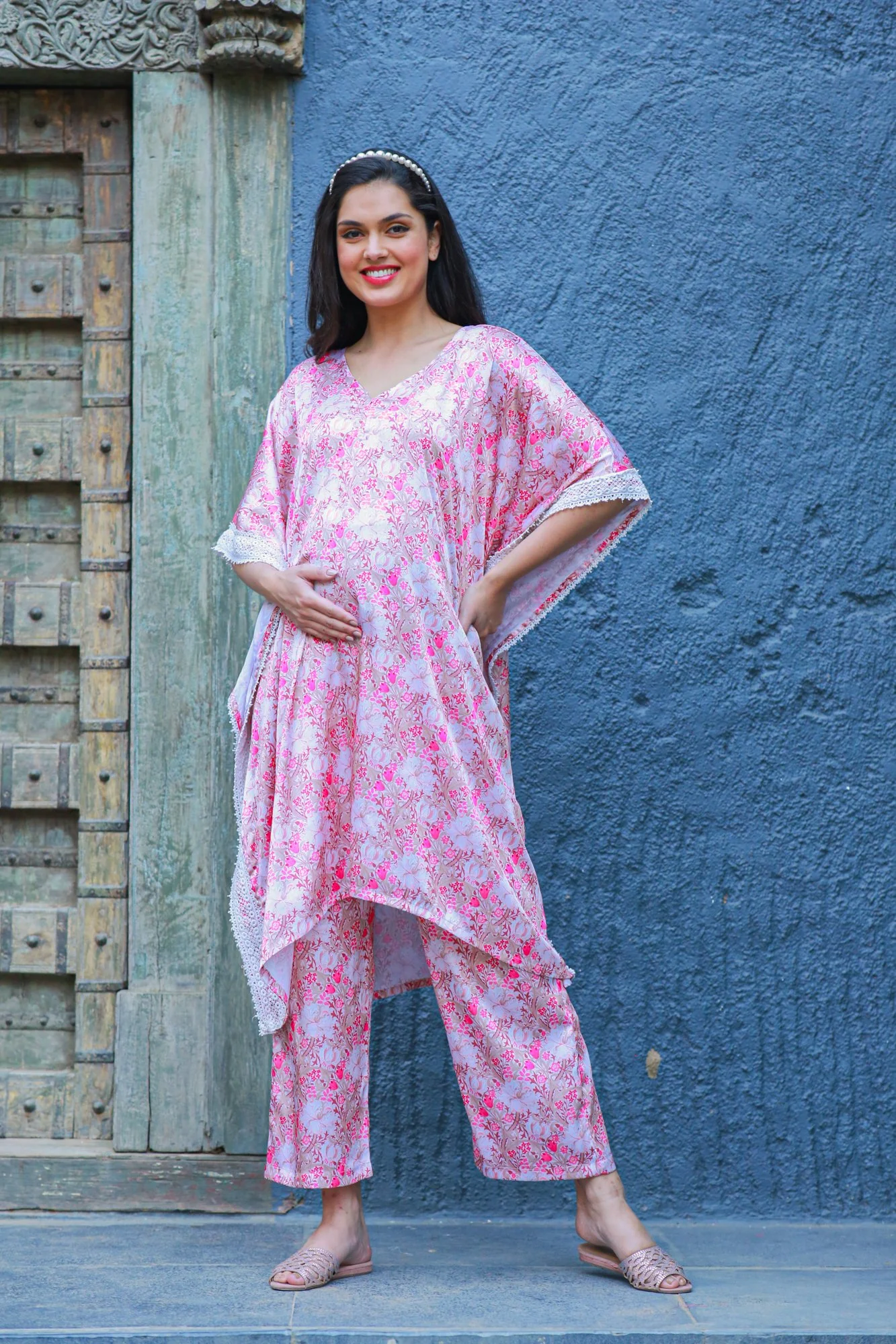 Premium Serene Rose Pink Satin Maternity & Nursing Lounge Coord Set (2 pc) - Chenance