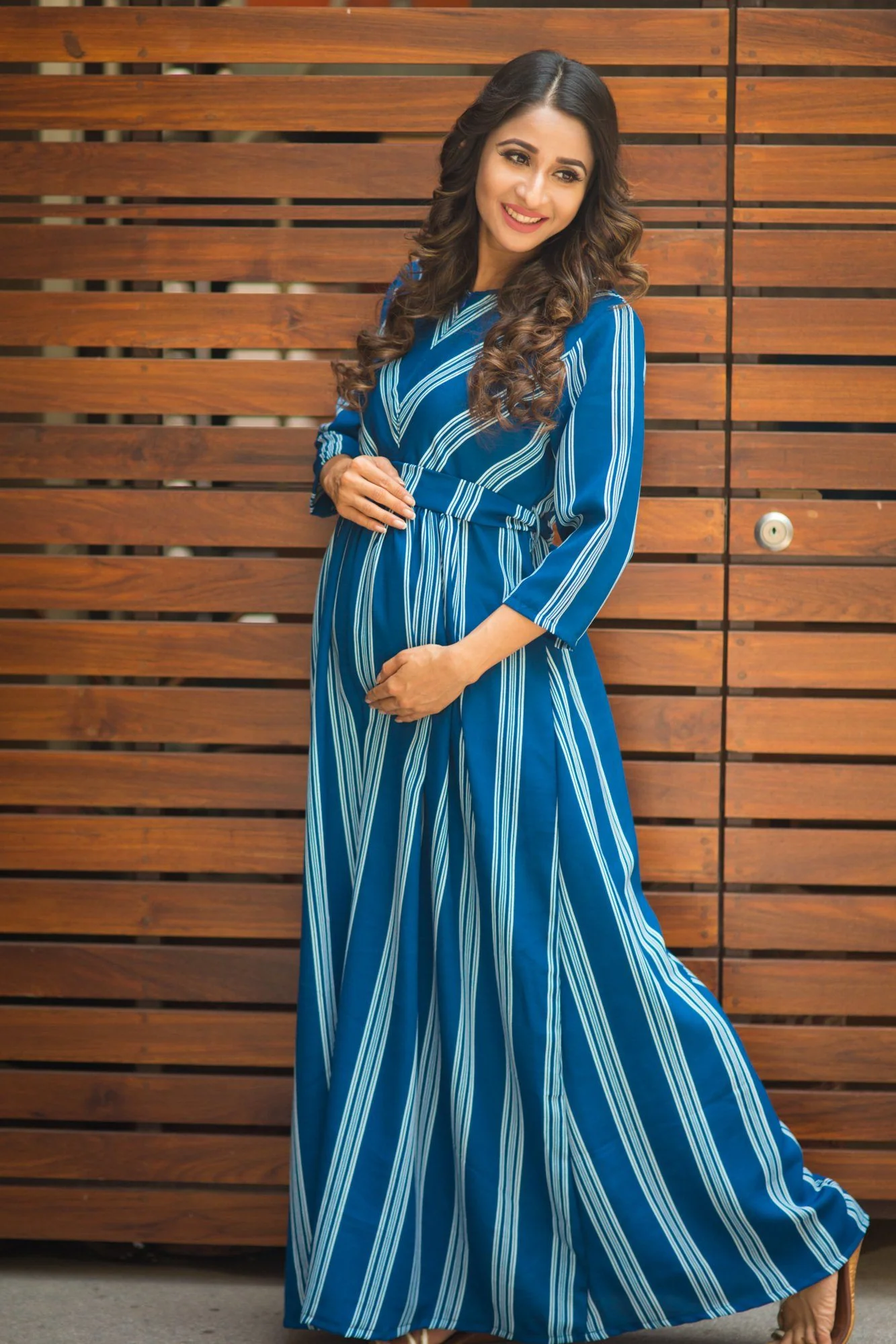 Persian Blue Striped Maternity & Nursing Crepe Dress - Chenance