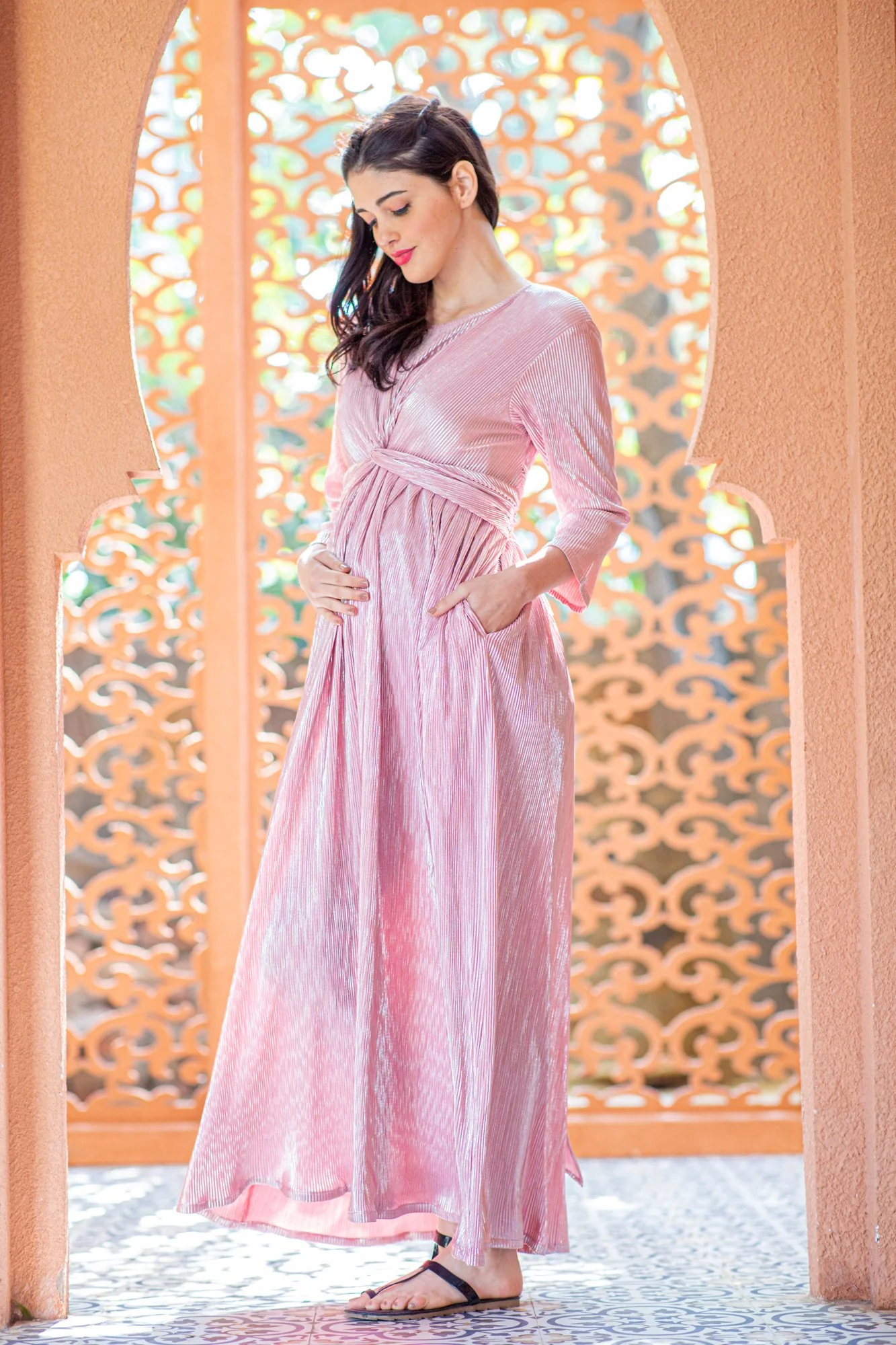 Merlot Shimmer Pleated Maternity Knot Dress - Chenance