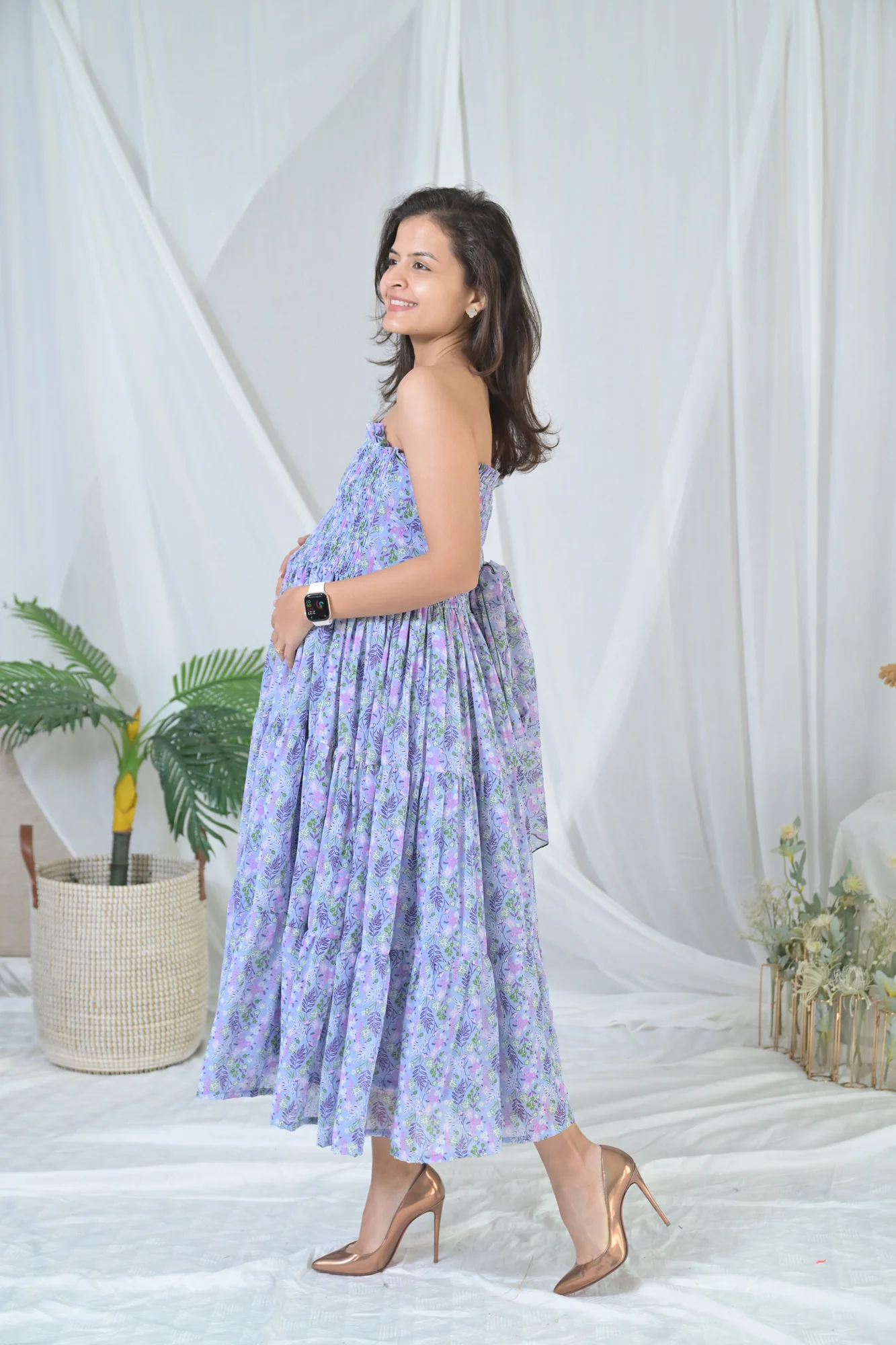 Pretty Blue Chiffon Floral Maternity Off-Shoulder Dress - Chenance