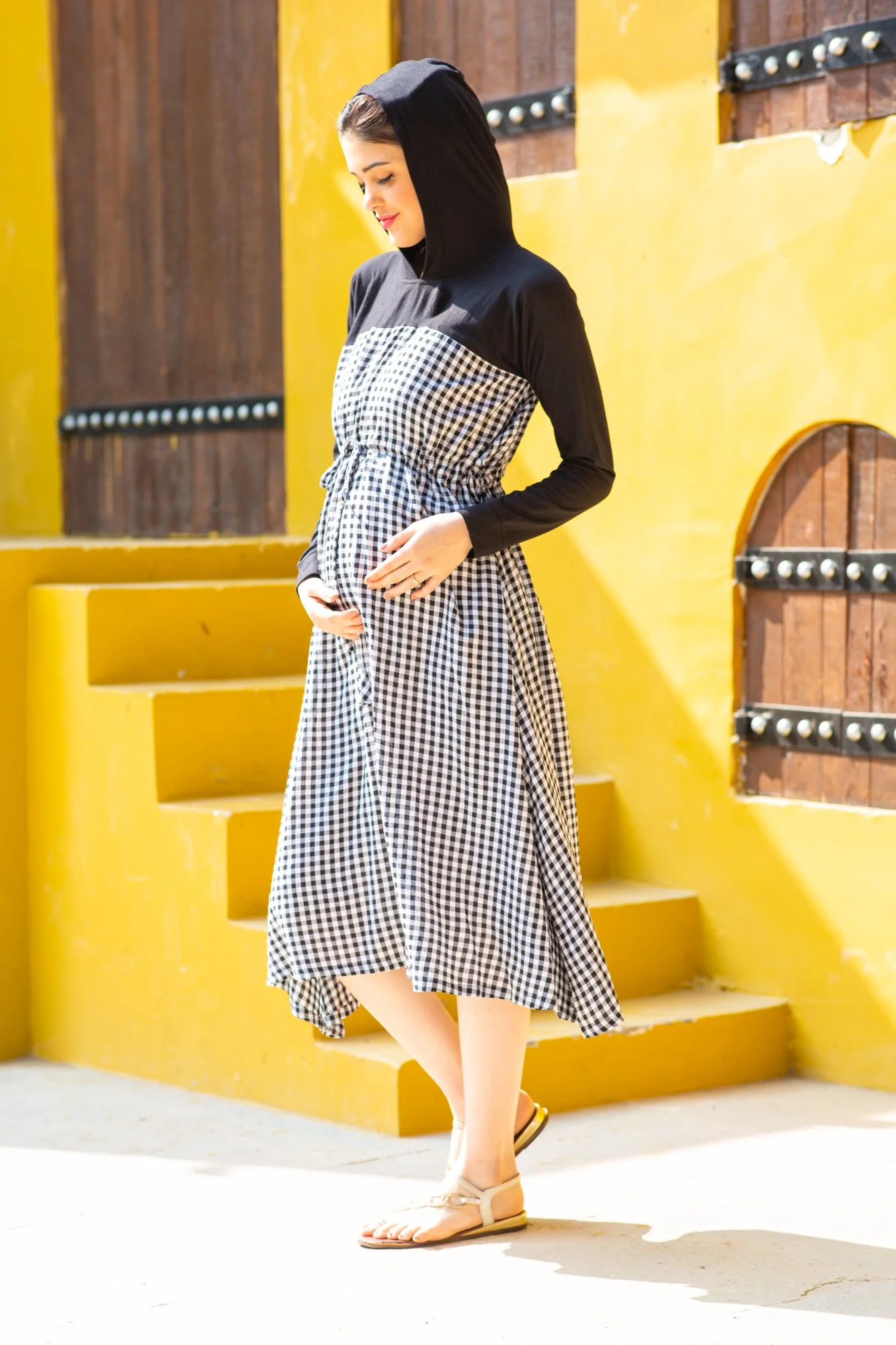 Gingham Plaid Maternity Hoodie Dress - Chenance