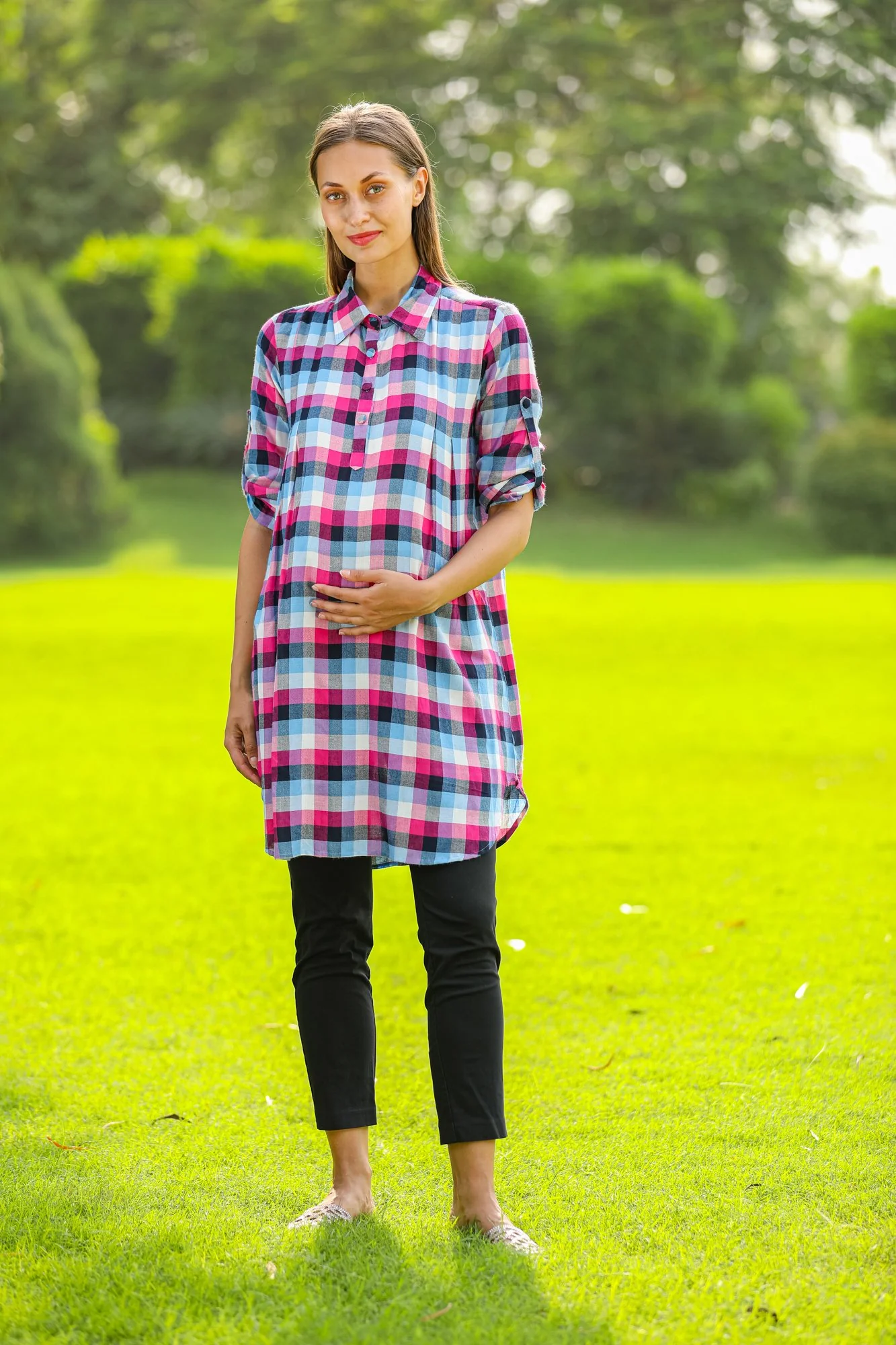 French Rose Plaid Versatile Maternity & Nursing Shirt Dress - Chenance