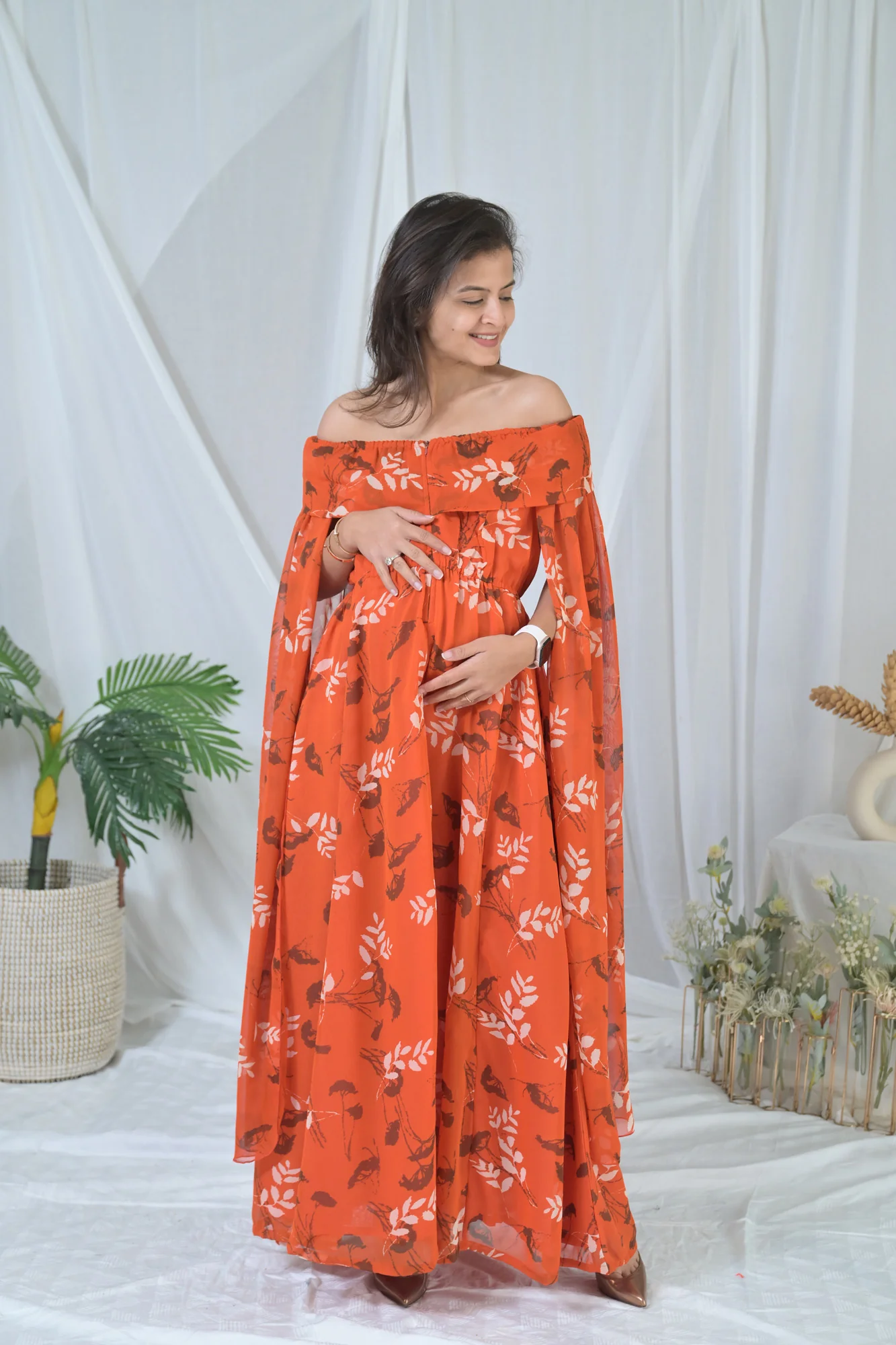 Elegant Rust Floral Butterflying Sleeves Maternity & Nursing Dress - Chenance