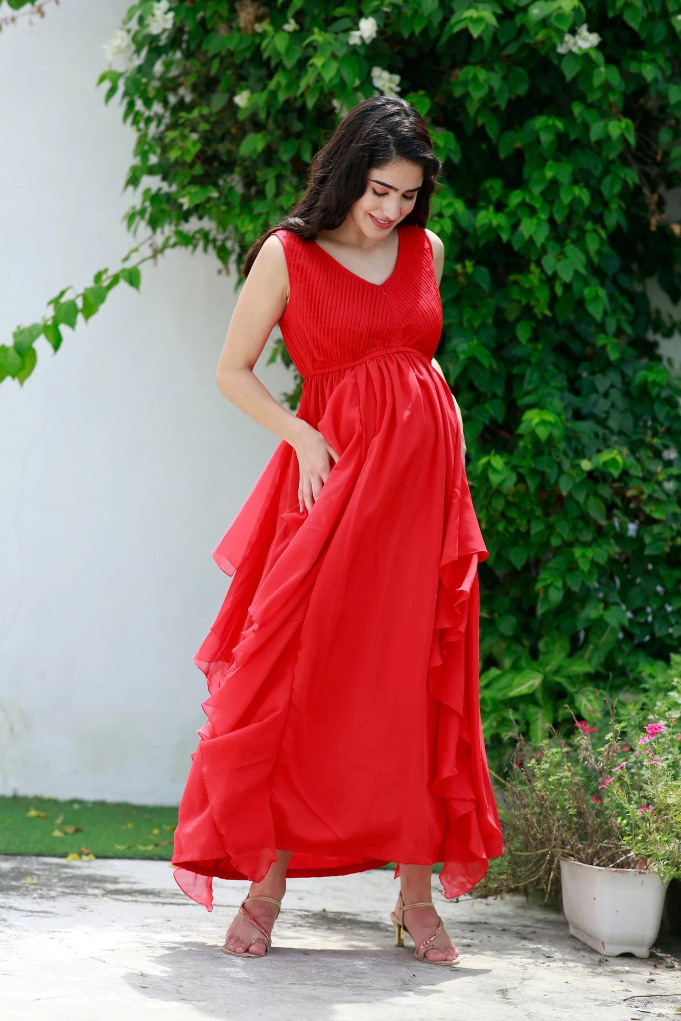 Luxe Scarlet Maternity & Nursing Pintucks Flow Dress - Chenance