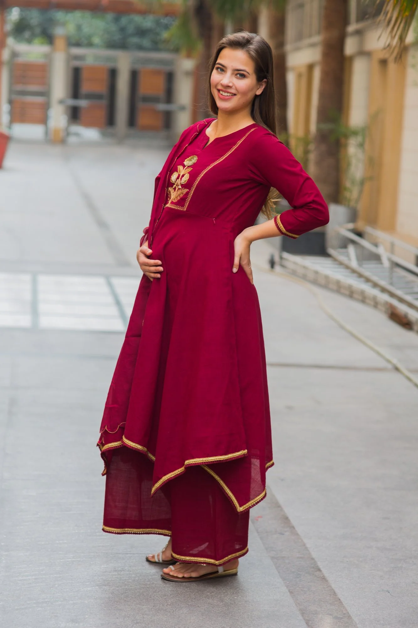 Premium Maroon Assym Gold Zari Maternity & Nursing Suit Set (3 pc) - Chenance