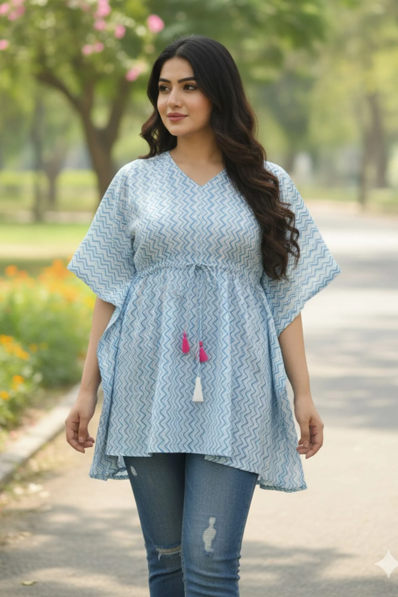 Light Blue Nautical Maternity & Nursing Kaftan Top (100% Cotton) - Chenance