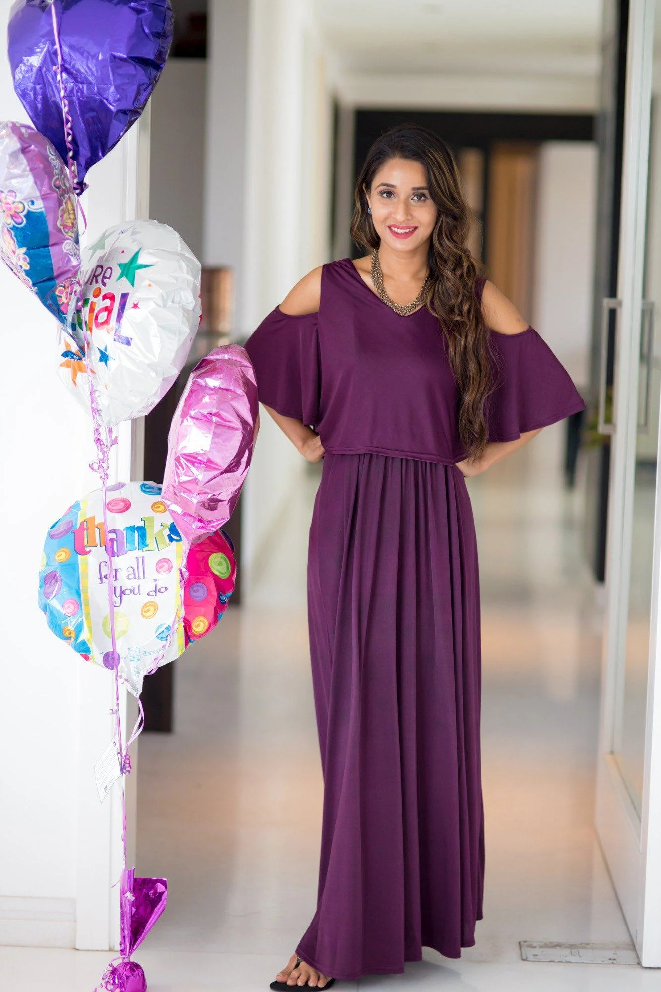 Plum Cold Shoulder Maternity & Nursing Maxi Dress - Chenance