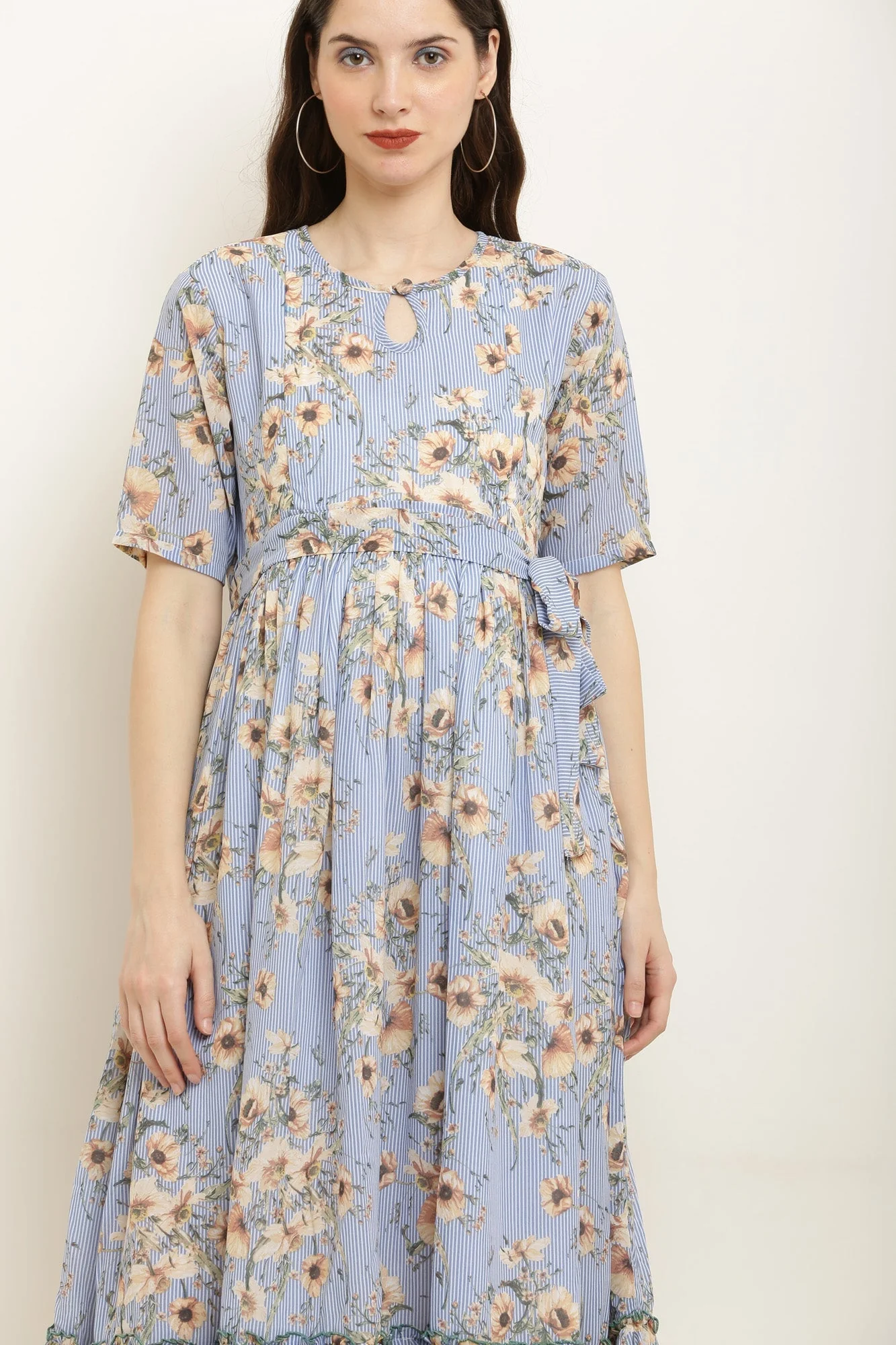 Ice Blue Daisy Frill Concealed Zips Nursing Dress - Chenance