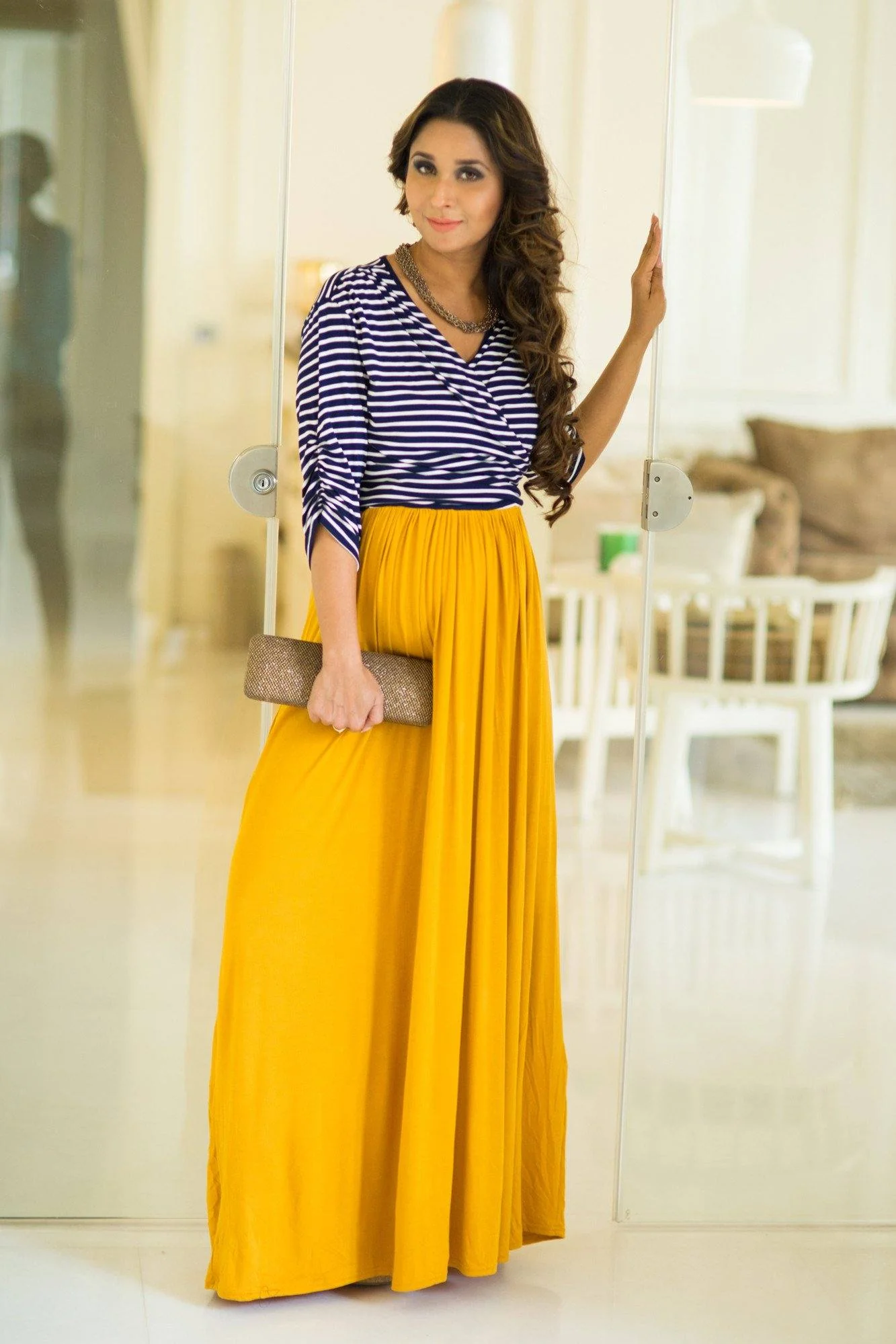 Nautical Mustard Orange Maternity & Nursing Wrap Dress - Chenance