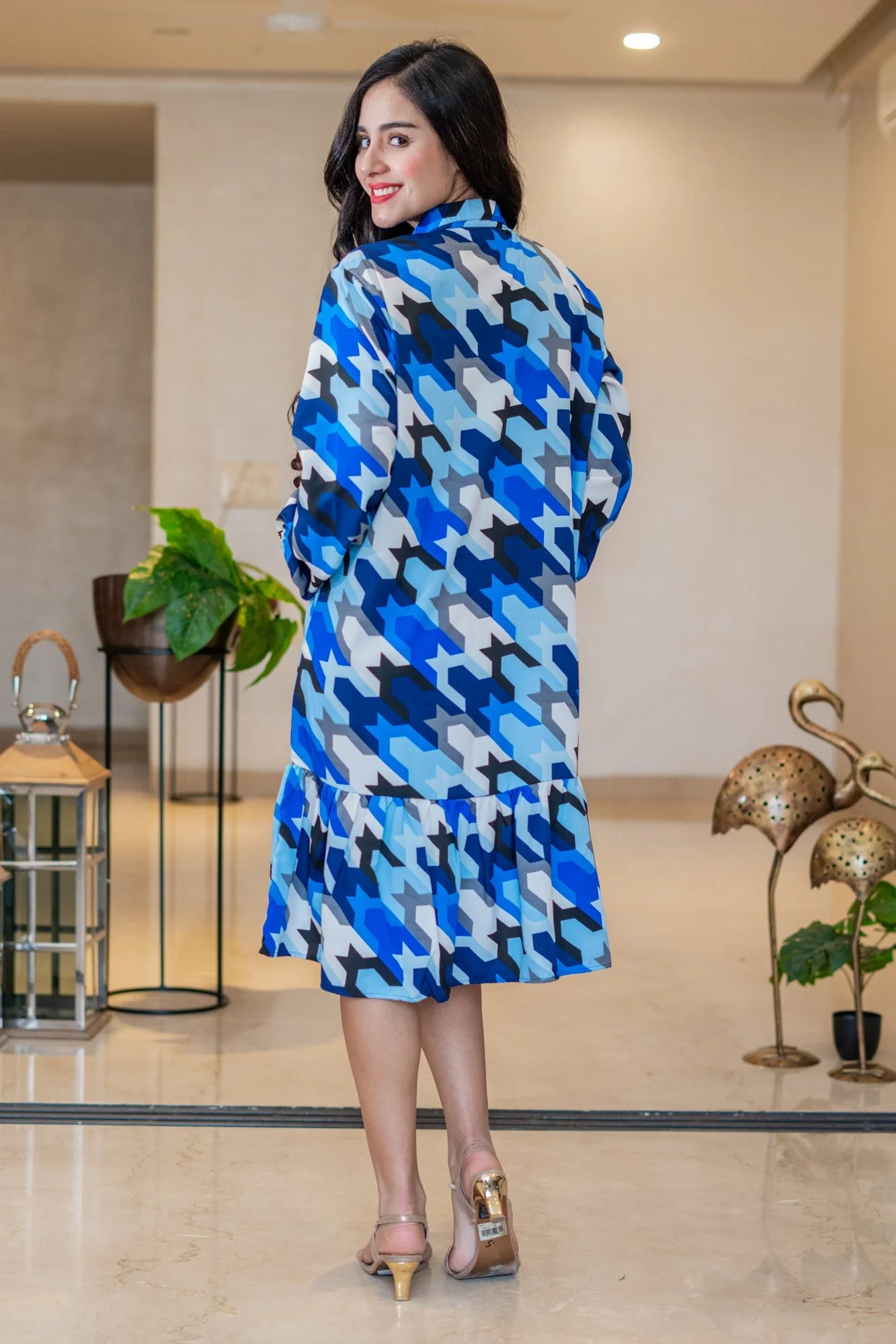 Blue Monochrome Abstract Maternity & Nursing Frill Shirt Dress - Chenance