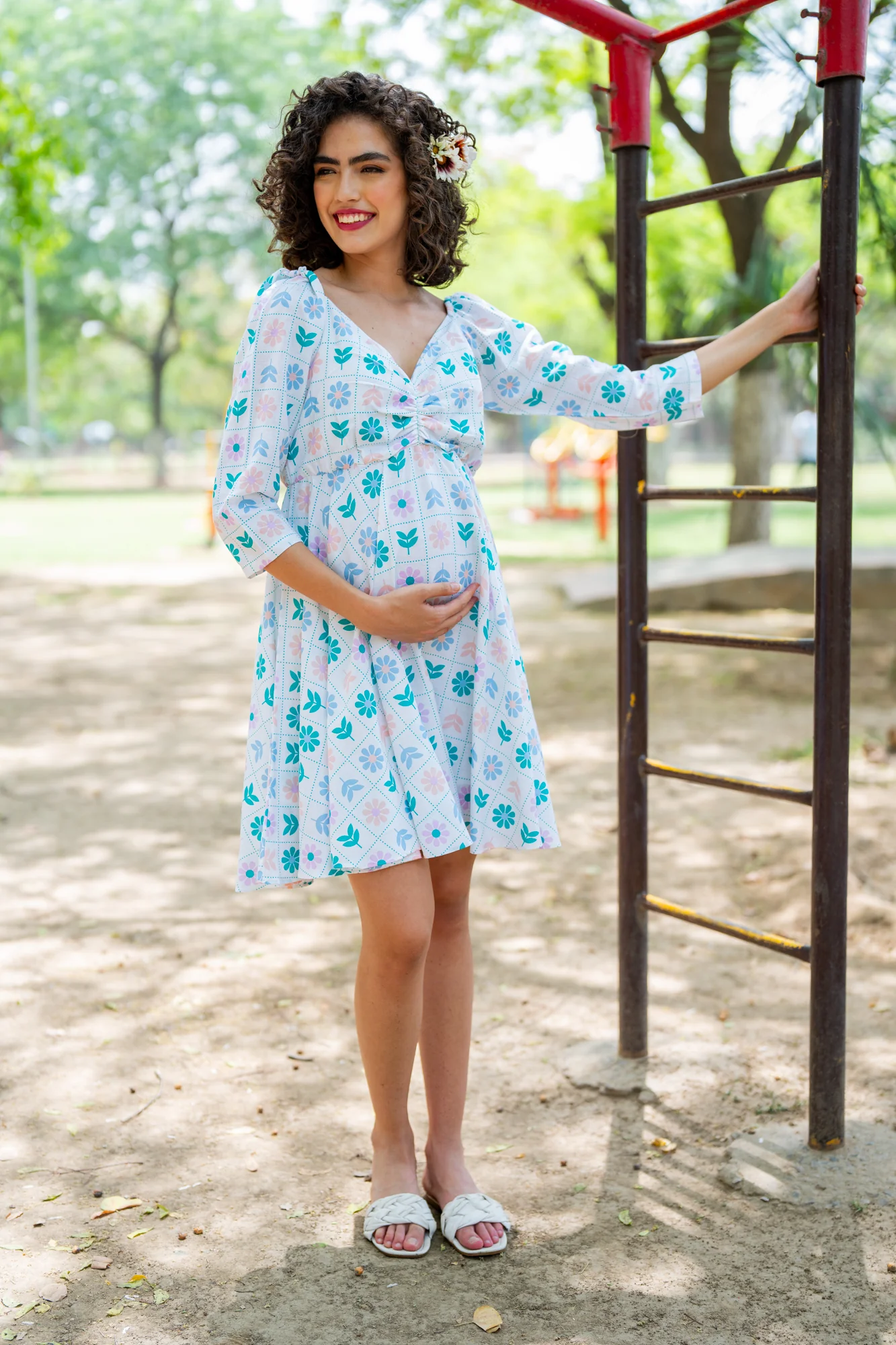 Soothing White Check Floral Maternity Knee Dress (100% Cotton) - Chenance