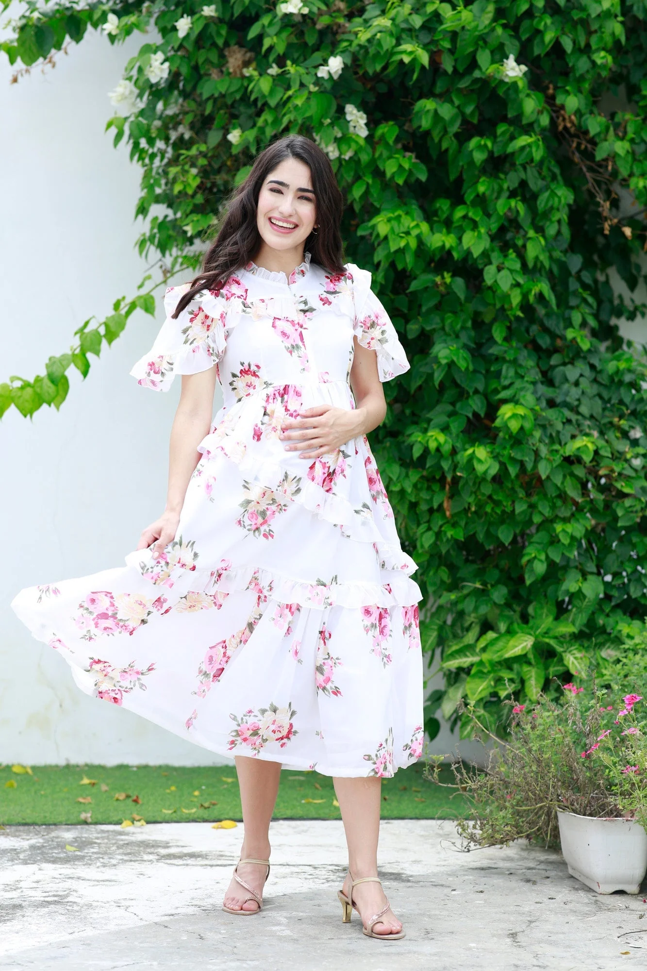 Soothing White Floral Maternity & Nursing Frill Dress - Chenance