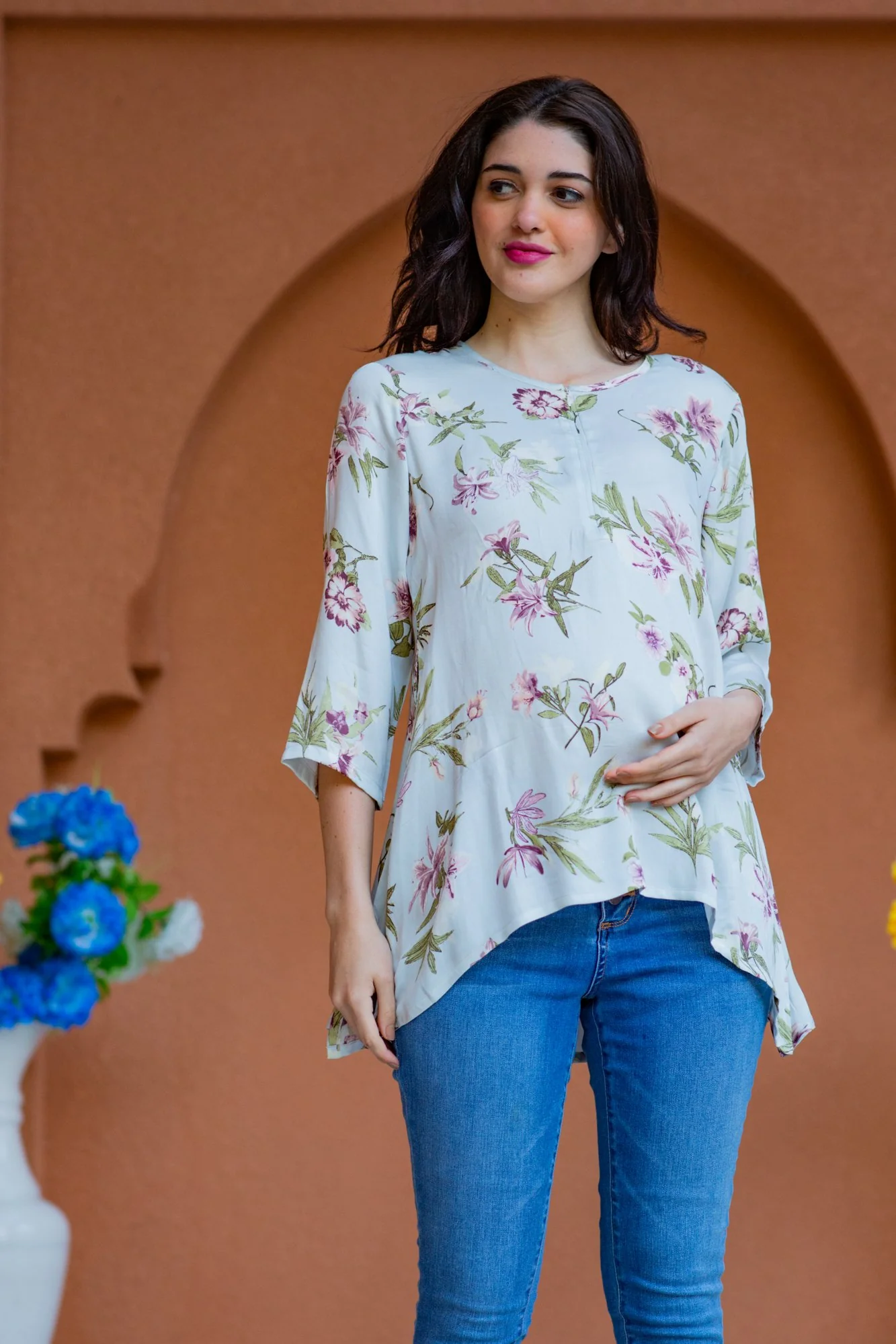 Mint Floral Viscose Maternity & Nursing Top - Chenance
